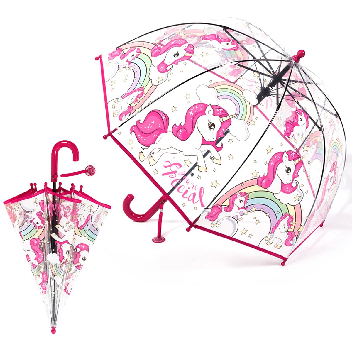 PATPAT® Umbrella for Kids Rain Umbrella Cartoon Unicorn Transparent Kids Umbrella for Girls 5-6 Years Old, Windproof Waterproof Princess Dome Bubble Shape, Girls Umbrella with Grip Handle for Children