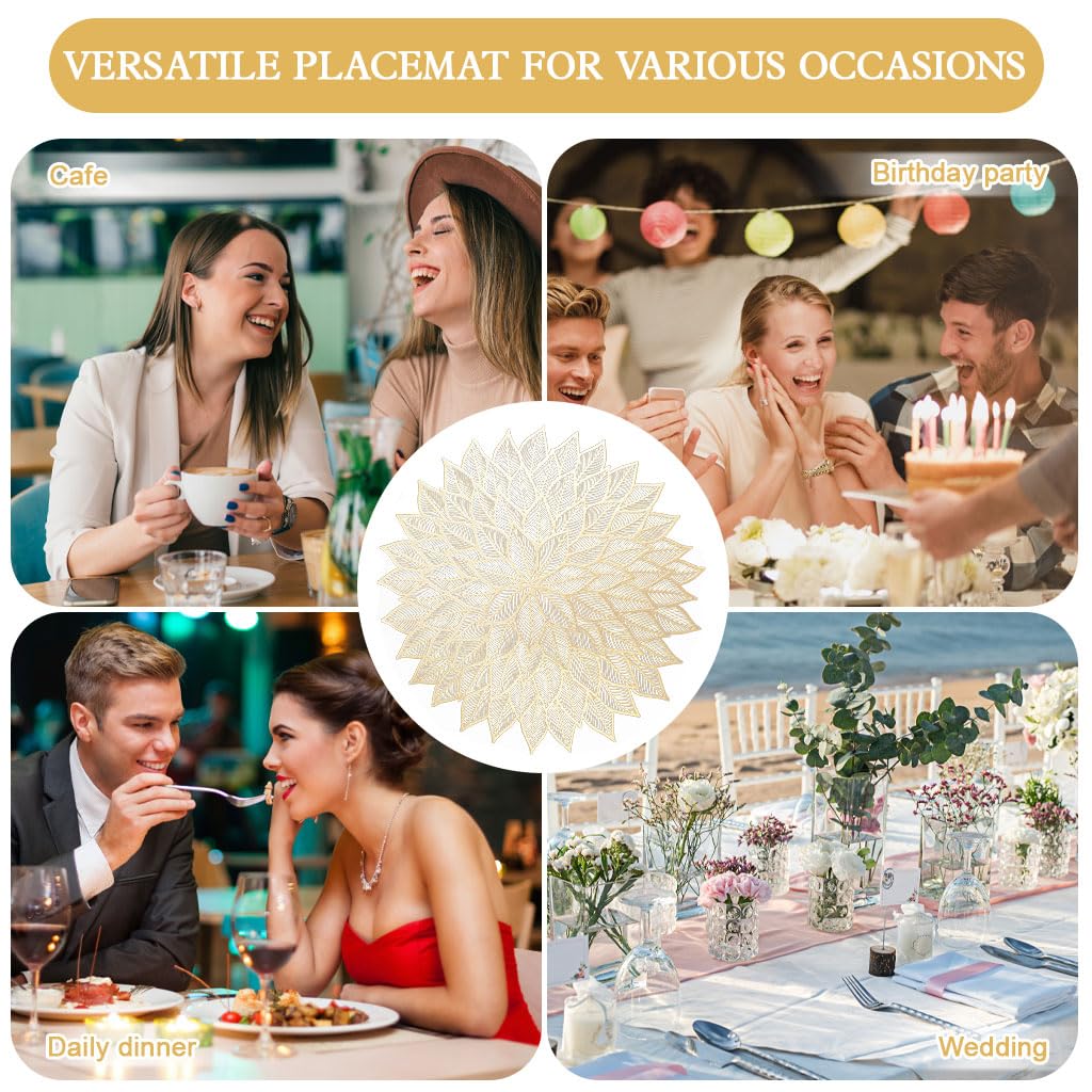 ZIBUYU Round Placemats Set for Dining Table with Floral Cut Out Design 15.75 in Gold | Washable PVC Table Mats