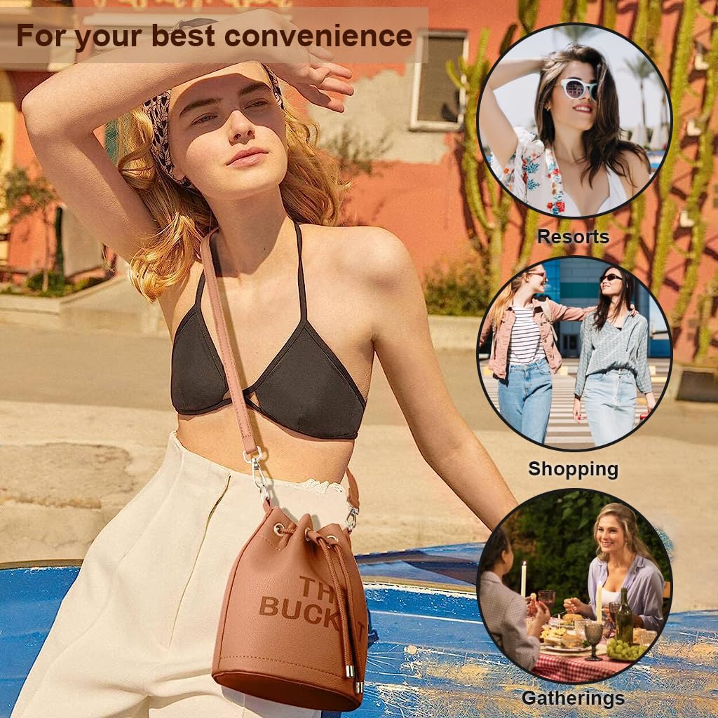 PALAY Bucket Bag for Women featuring 18×18×20cm size with detachable 120cm strap | Brown PU crossbody handbag