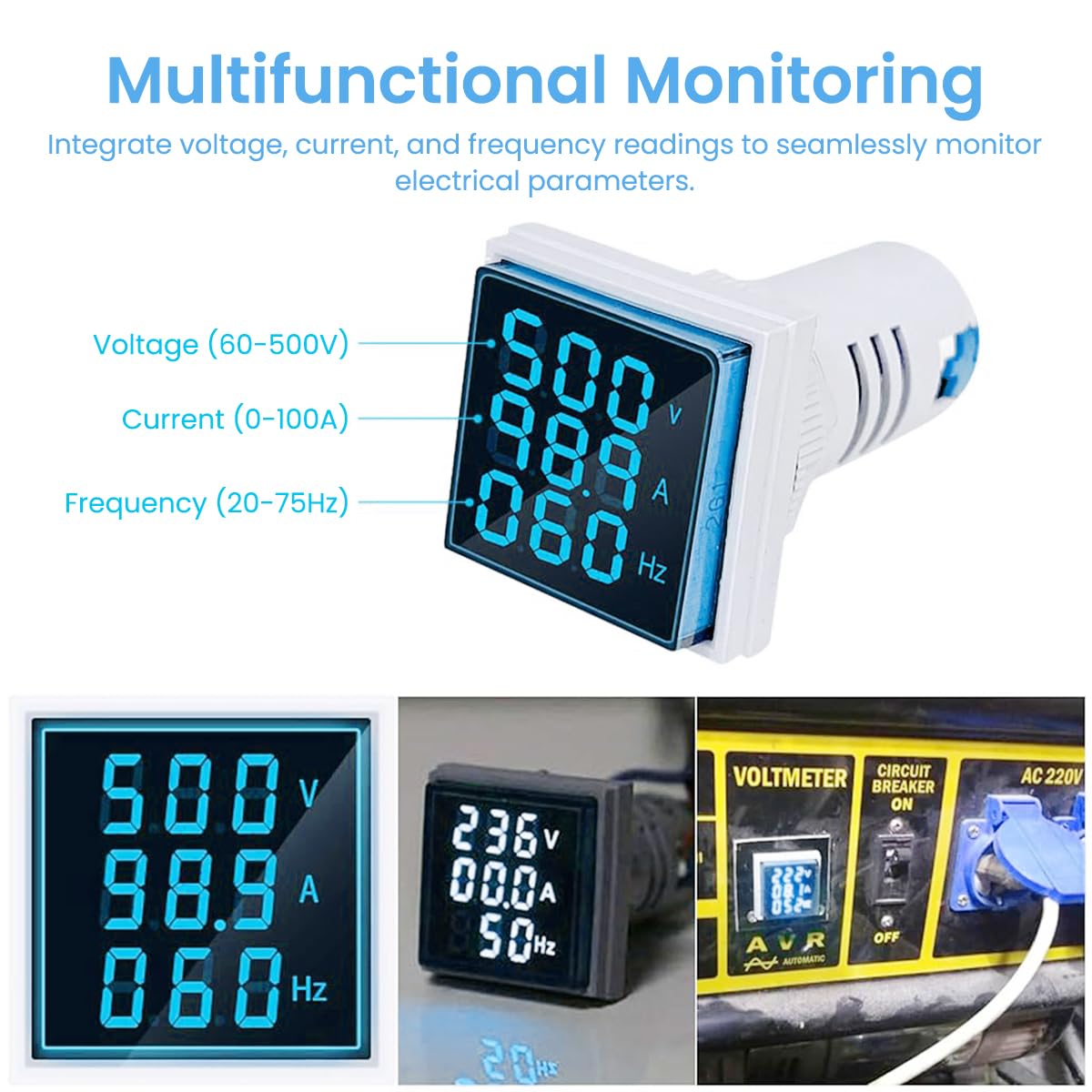 Serplex® LED AC Current Voltage Frequency Signal Light 60-500V 0-100A AC Digital Ammeter Voltmeter, Backlight Display Voltage Detector Current Tester Gauge