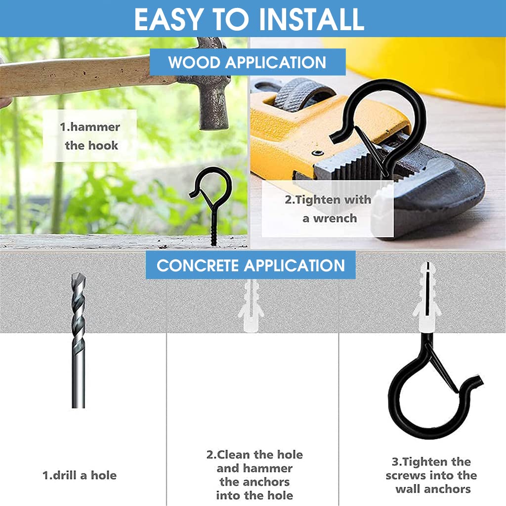 HASTHIP Screw Wall Hooks for Outdoor String Lights with Safety Buckle 20pcs Black | Steel Ceiling Cup Hooks