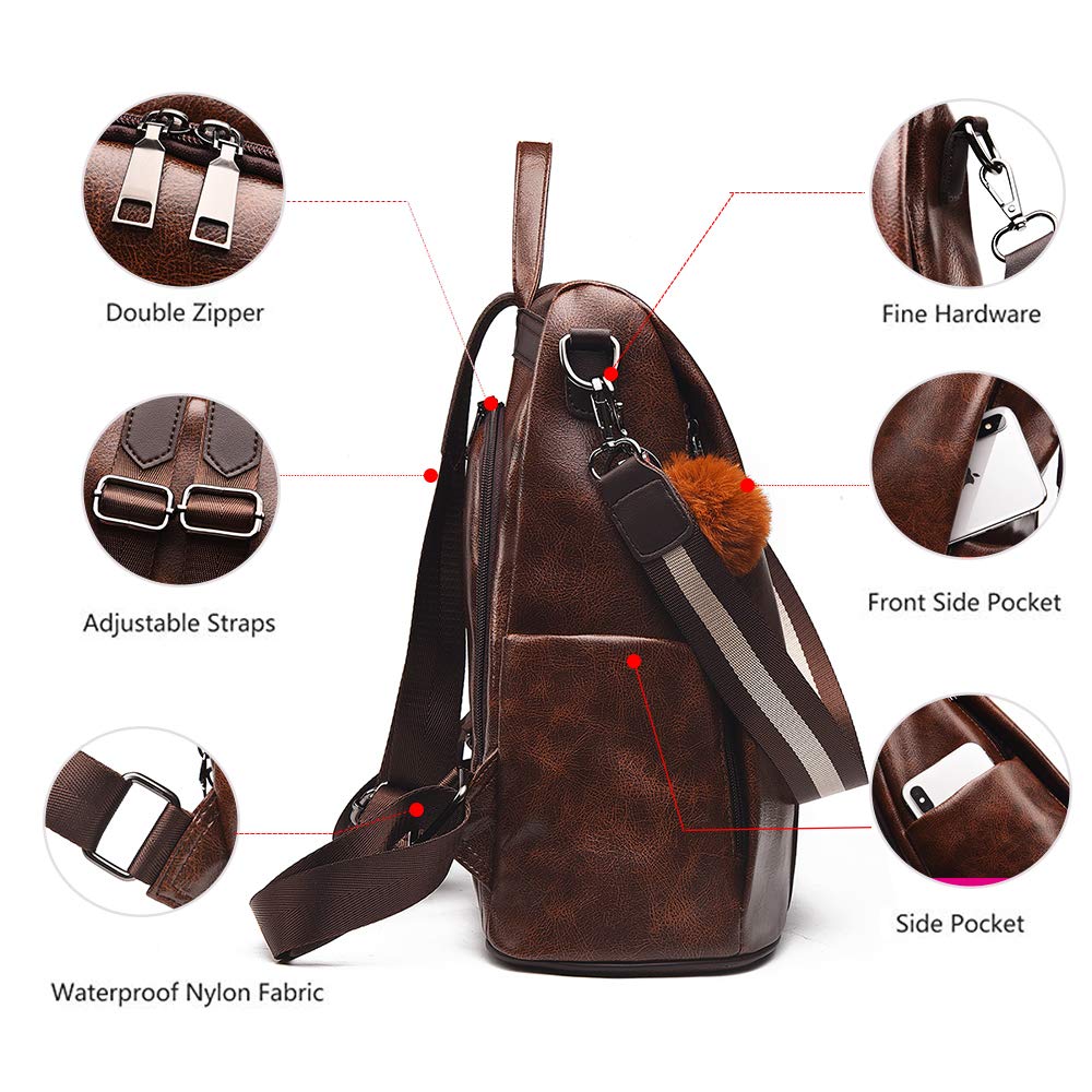 ZIBUYU Shoulder Backpack for Women with Back Zipper Design 13x5.9x13.4 in PU Leather | Coffee Brown