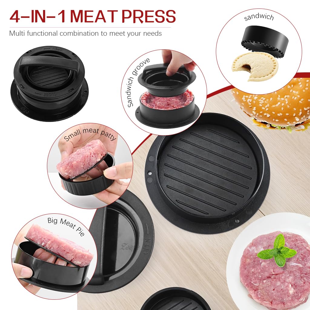 HASTHIP 4 in 1 Stuffed Burger Press Sandwich Maker Sealer Patty Maker Ring Mold Press Multi Size Burger Patties Press Stackable Kitchen DIY Burger Patty Shaper with 100 Pcs Non-Stick Patty Papers