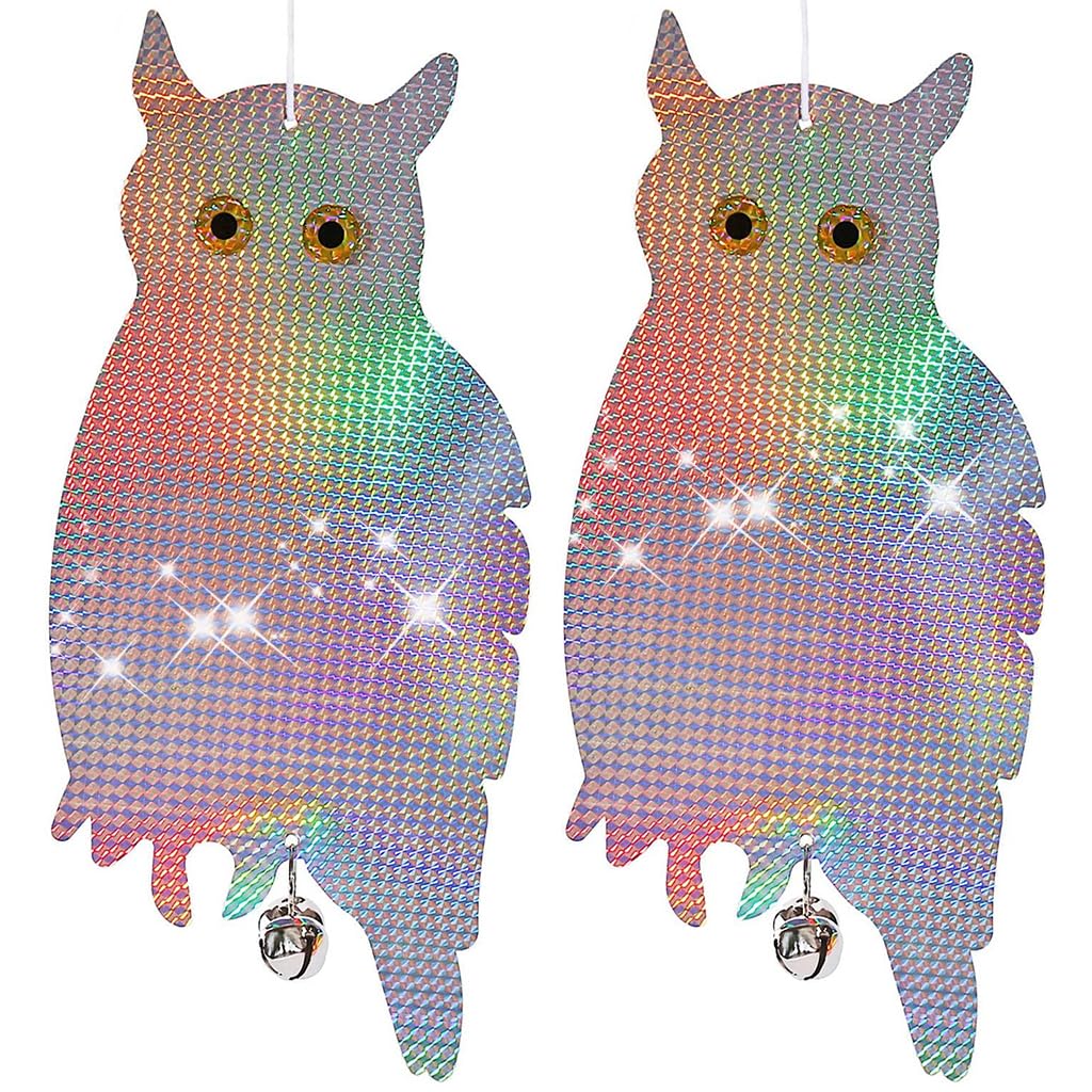 ORTIZA Reflective Anti Bird Hangings for Garden with 17.3 in Owl Design and Bell | PET Outdoor Deterrent