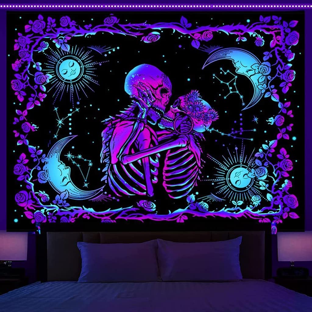 HASTHIP® UV Luminous Skull Tapestry, UV Reactive Tapestry Glow in The Dark, The Kissing Lovers Tapestry, Skeleton Wall Art for Bedroom Living Room for Room Dorm (51inch x 59inch)