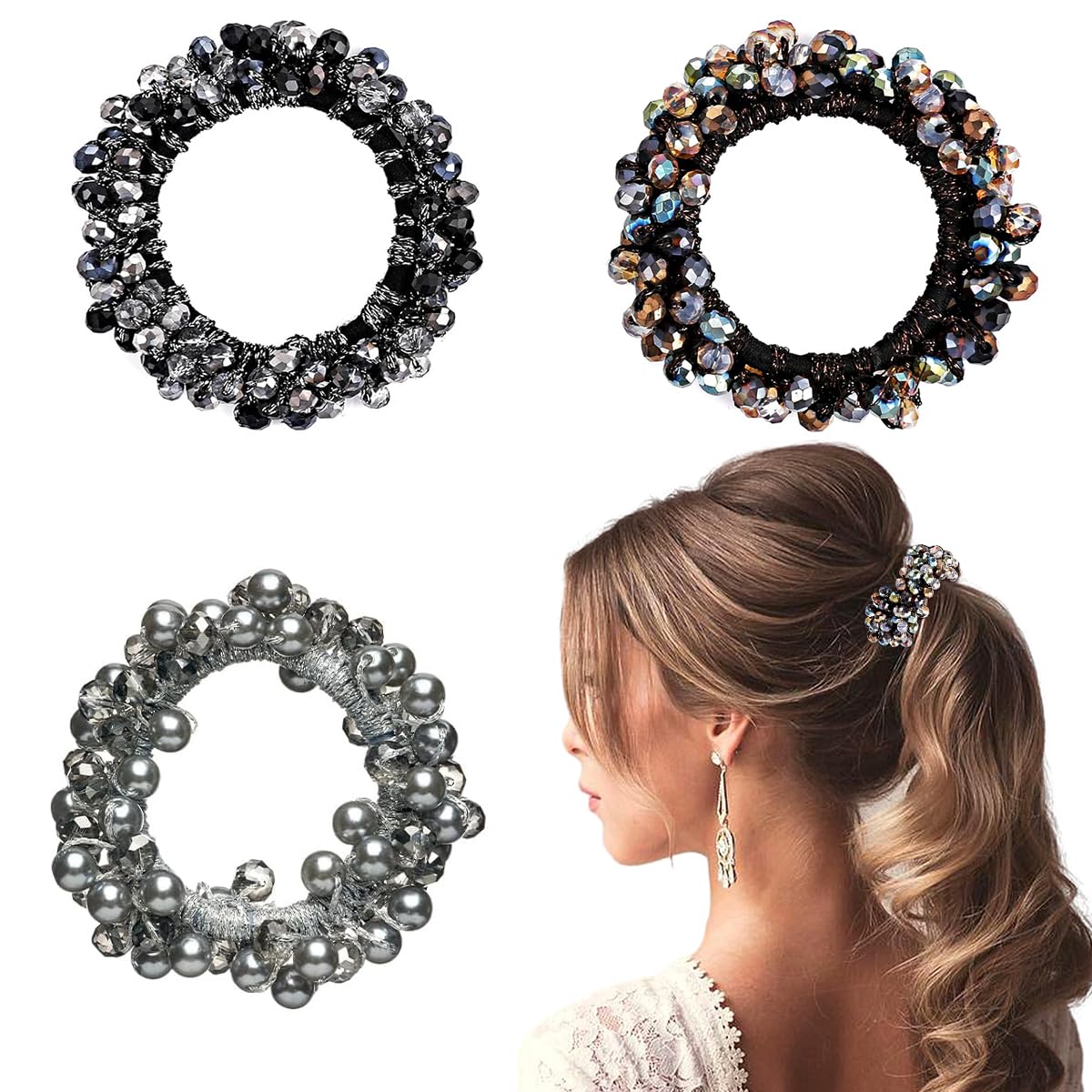 PALAY® 3 Pack Elastic Hair Ties Ropes Rhinestone Hair Scrunchies for Women Girls Boho Handmade Bead Bands Ponytail Holder Hair Bun Accessories Gift