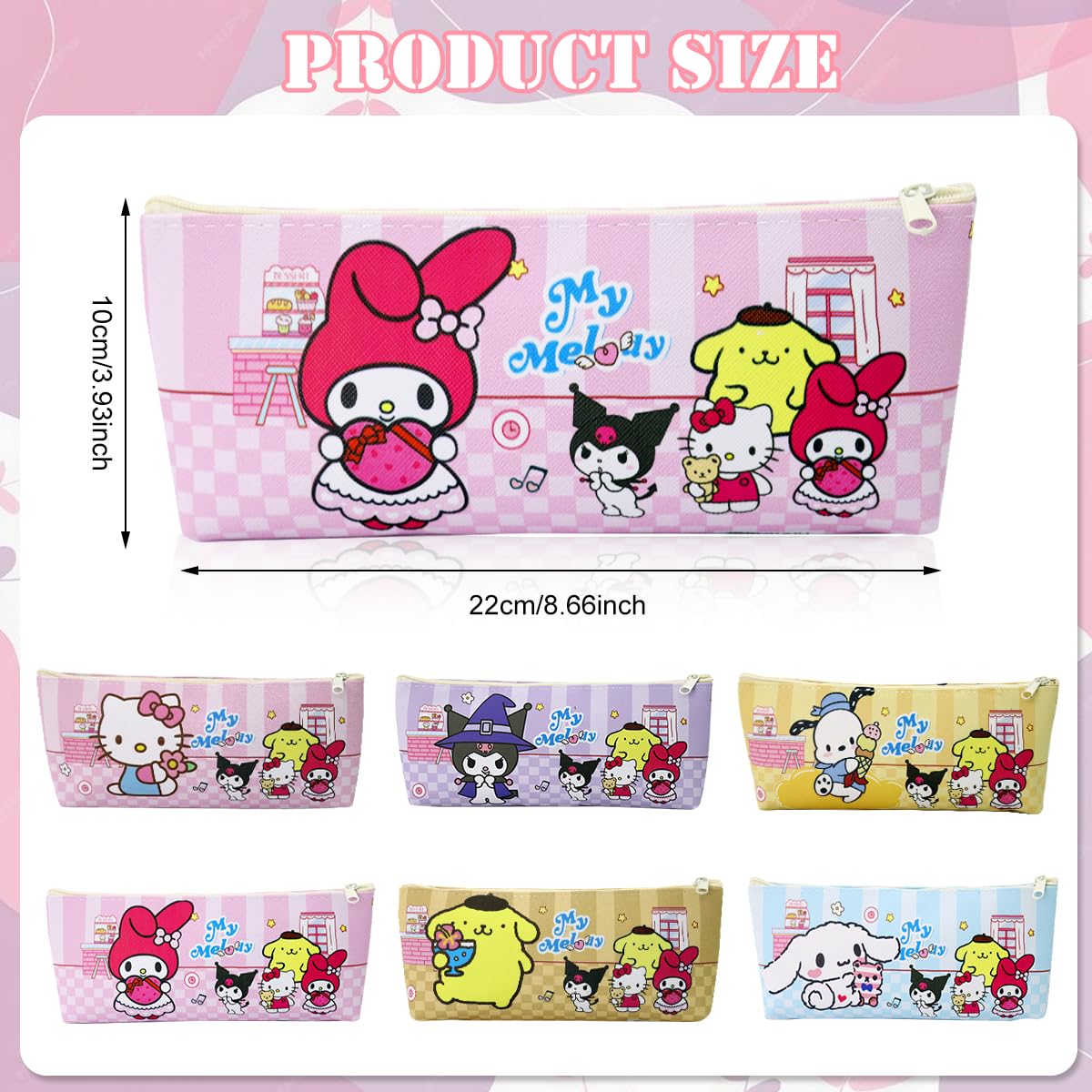 Climberty® 6Pcs Sanrio Cartoon Pencil Pouch for Students Cinnamoroll Pencil Pouches School Girls Cartoon Print Kitty Pencil Pouches PU Stationeries Zipper Pouches School Gifts for Girls, 21x8x3cm