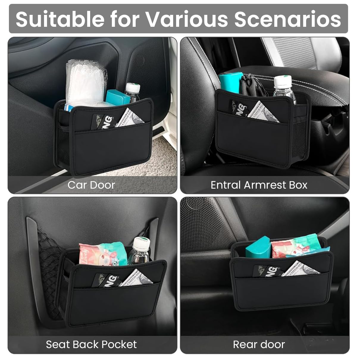 STHIRA Car Organizer for Door or Backseat with Dual Clip Design 21cm x 3cm x 14.5cm PU Leather Black | Multipurpose Trash Bin and Storage Pouch