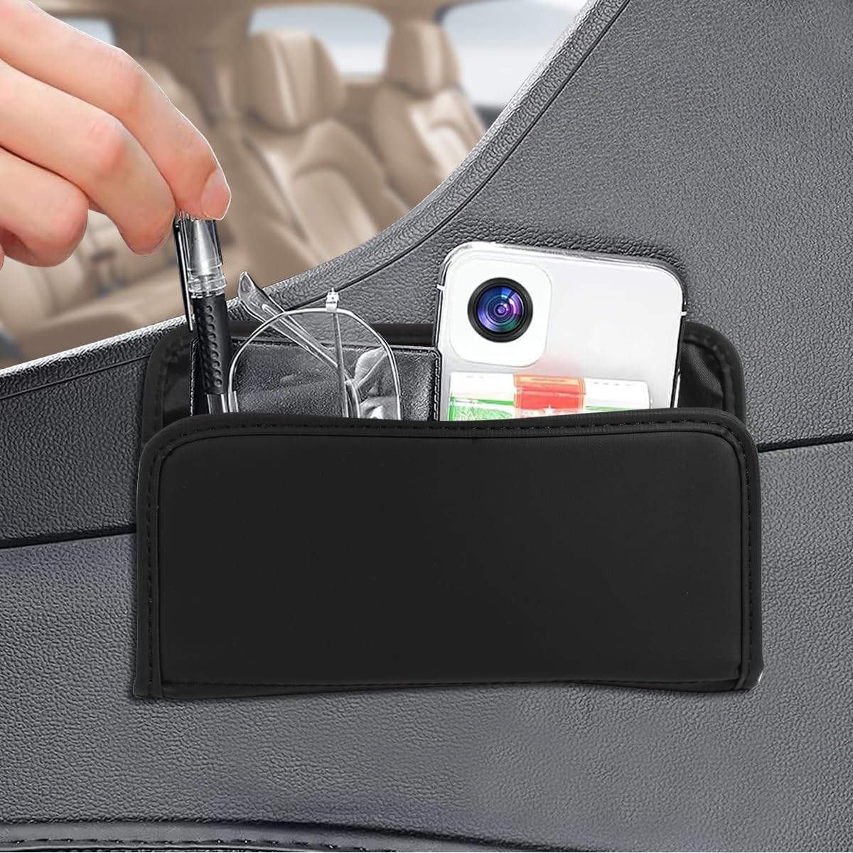 STHIRA Car Storage Organizer for Seat Side with Self Adhesive Design and PU Leather Finish