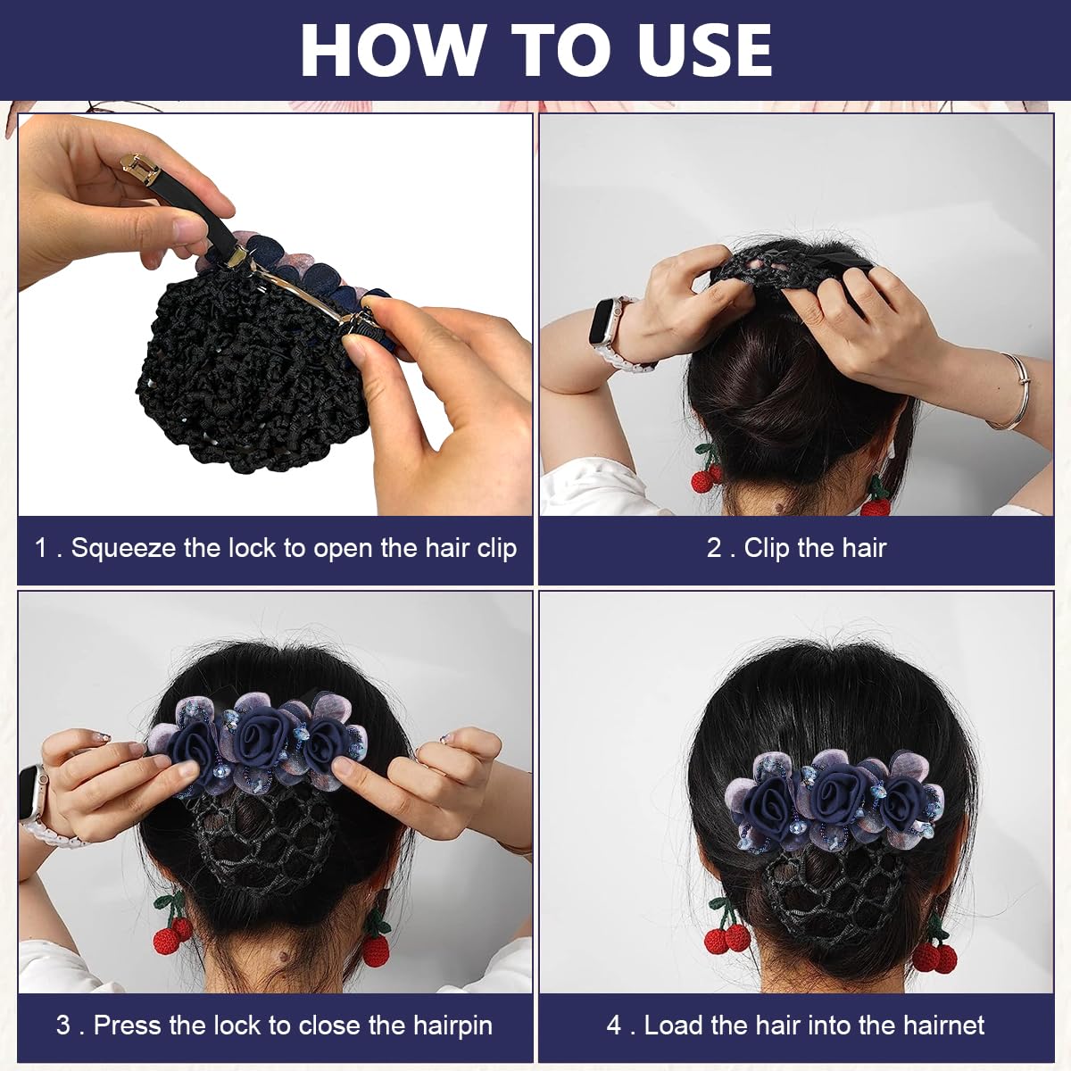 MAYCREATE Floral Hair Snood Net for Women with Alloy Spring Clip and Fabric Flowers | Ideal for Dancers Nurses and Daily Wear