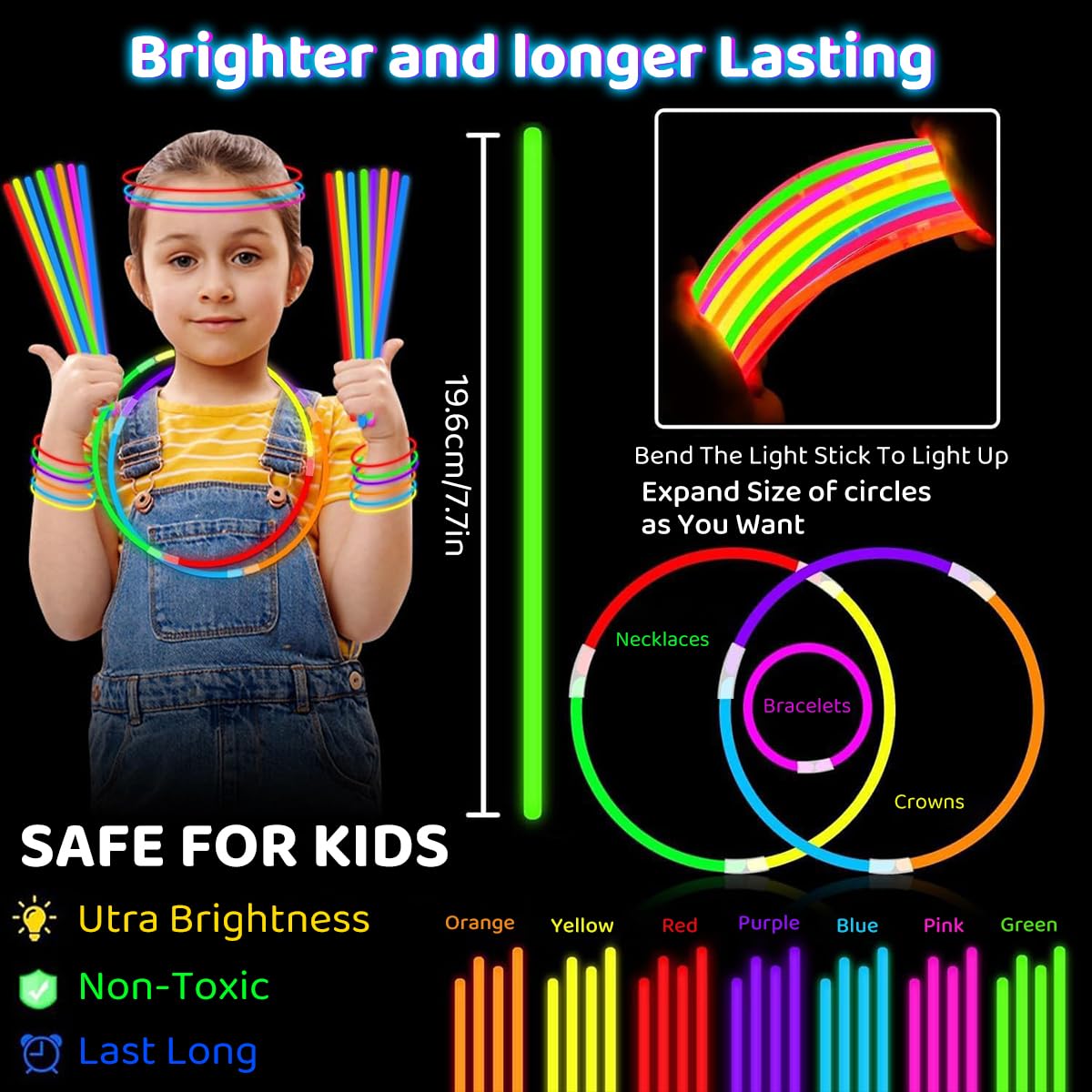 PATPAT Glow Sticks Pack of 100 for Parties with 8 Hour Neon Glow | Safe for Kids Fun
