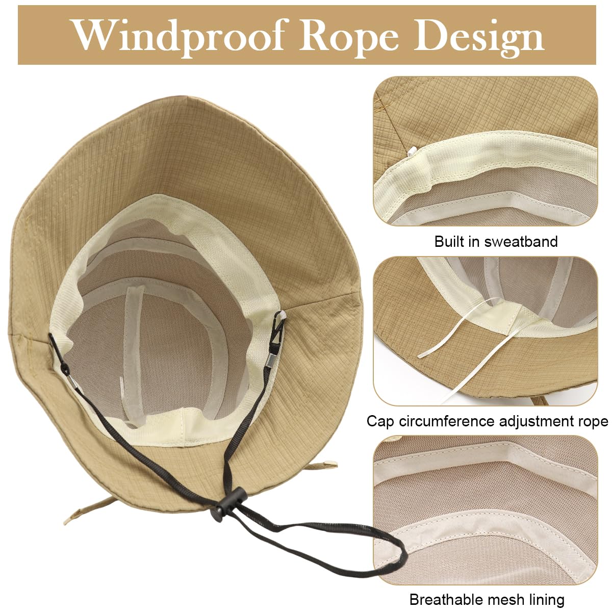 SANNIDHI Bucket Hat for Women featuring Wide Brim Sun Protection and Adjustable Tie‑Back | Khaki Summer Beach Hat with Chin Strap