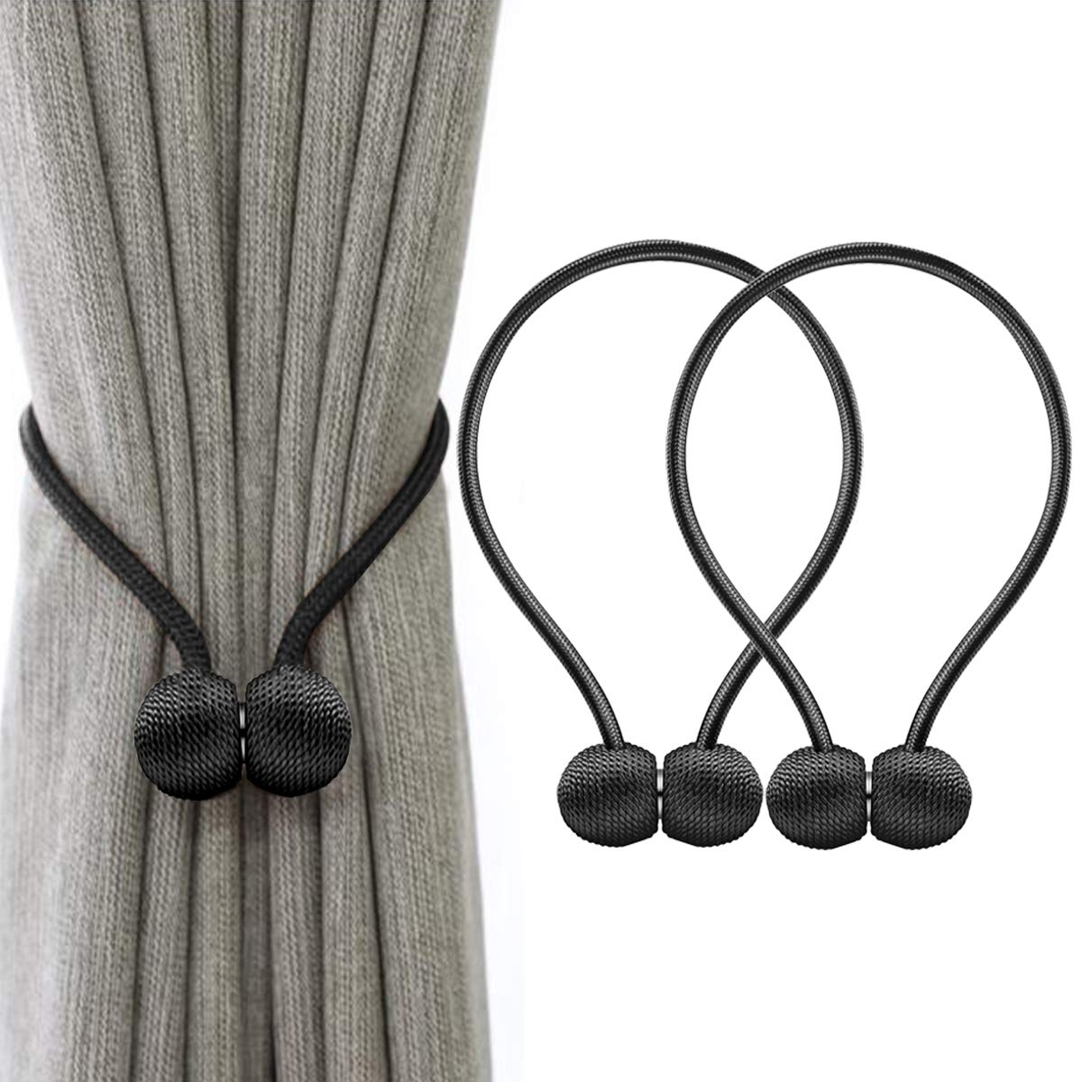 HASTHIP® Pack of 2 Magnetic Curtain Tiebacks Buckle Clips Tie Band Woven Curtain Holdbacks Home Office Decorative Drape (Black)