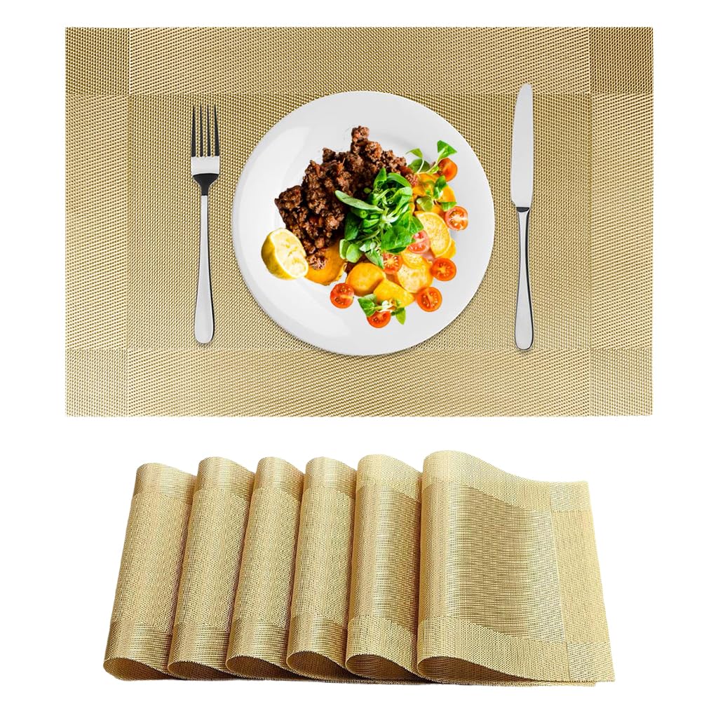 ZIBUYU® 6Pcs Dining Table Placemat Minimalism Placemat PVC Placemats for Dining Table Heat Resistant Dish Placemats for Dining Table Wedding Banquet Placemat, Golden, 17.7x11.8 Inches