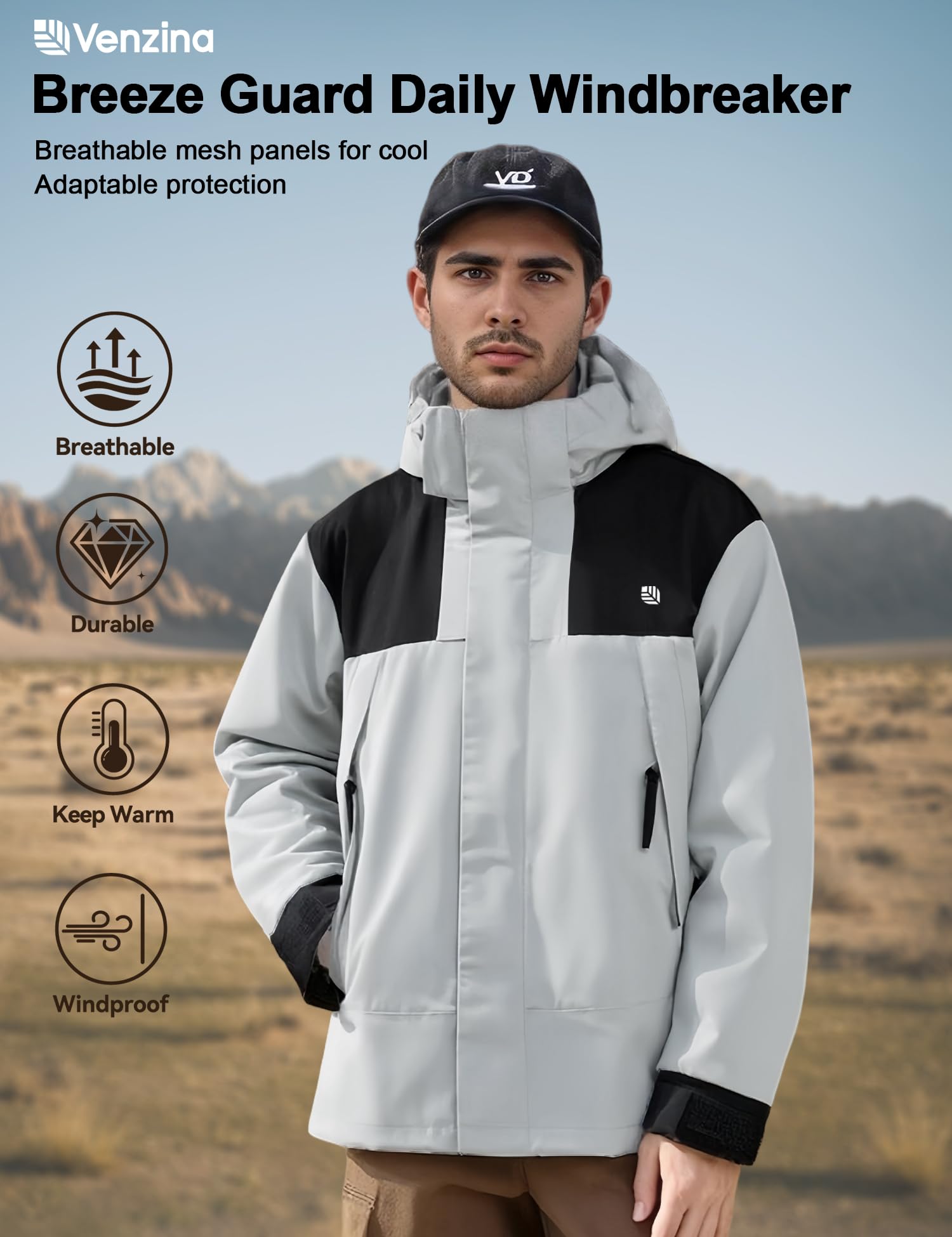 Venzina Men's Hiking Jacket for Trekking and Daily Use with Detachable Hood | Blue Windproof Mesh Liner