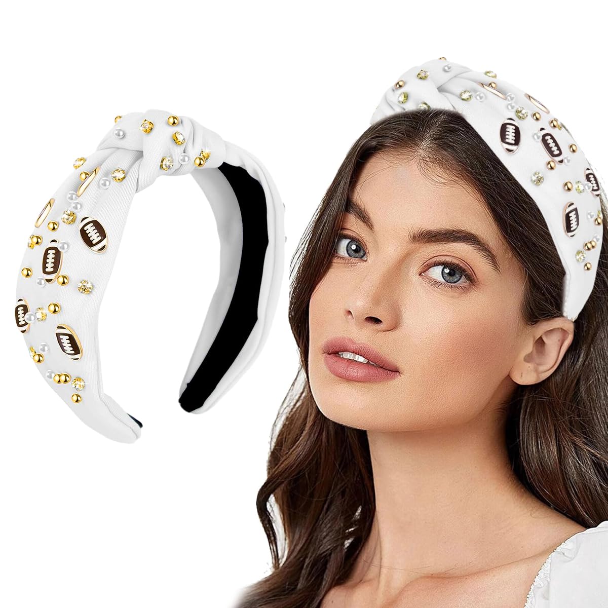 PALAY® Wide Headband for Women Fashion Football Headband Pearl Jeweled Knot Hairband Rugby Embellishments Elegant Headbands Sports Fan Gifts - White