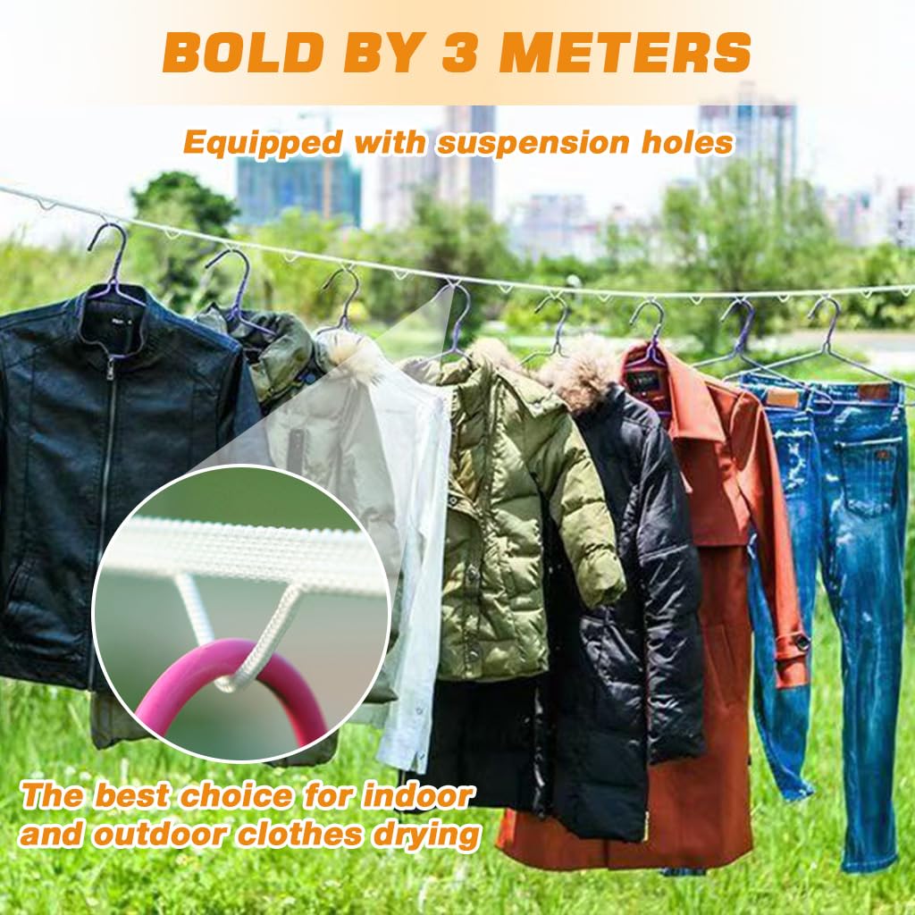 HASTHIP Clothes Drying Rope for Indoor and Outdoor Use with Metal Carabiners and Multi Hanger Loops 9.8 ft White Nylon | Windproof Design for Sheets Clothes and Bedding