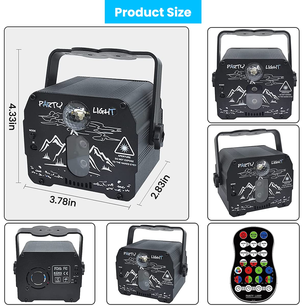 ELEPHANTBOAT DJ Light Party Disco Light for Home Party with 60 Pattern & 128 RGB Squares | Remote Control Sound Active Modes