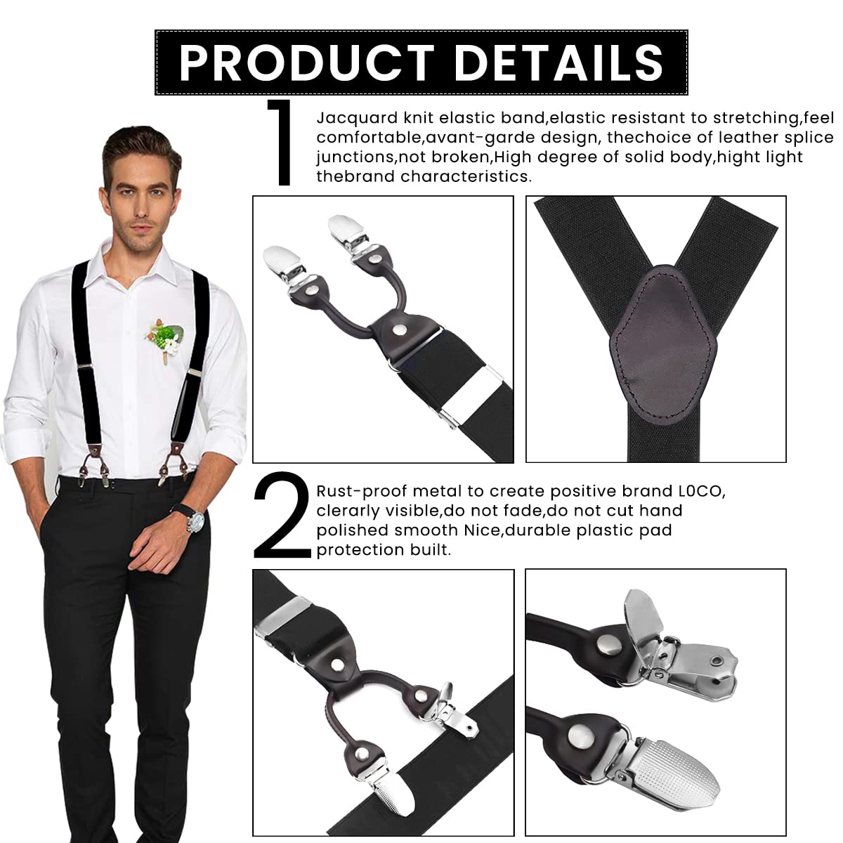 GUSTAVE Suspenders for Men Adjustable Elastic Y-Back Suspenders Fashion Heavy Duty Metal Clips Suspender for Shirt - Black