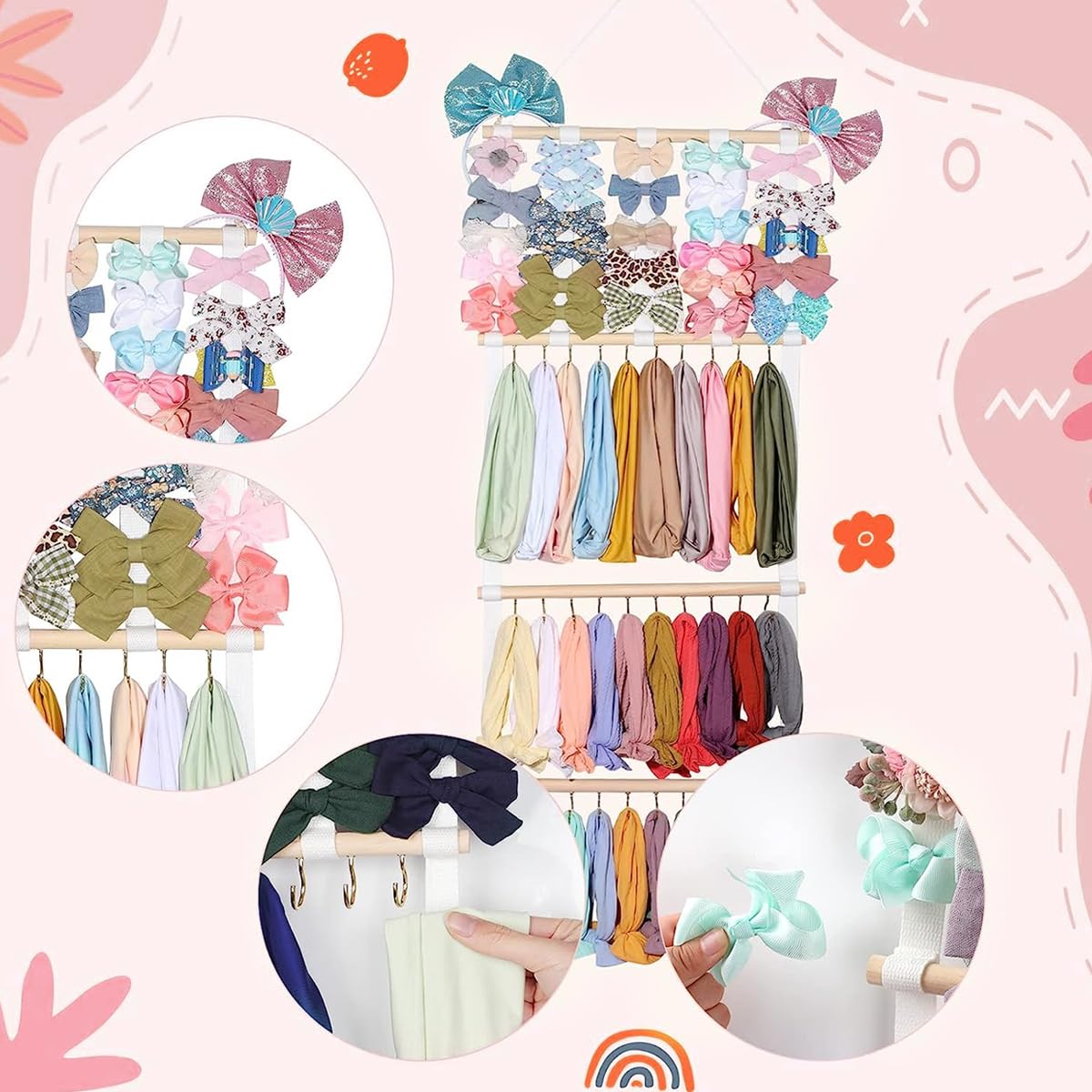 HASTHIP Metal Wall Hanging Headband Holder for 30 Headbands and 40 Clips | 3 Layer Organizer with Hooks and Cloth Straps for Girls Room Decor