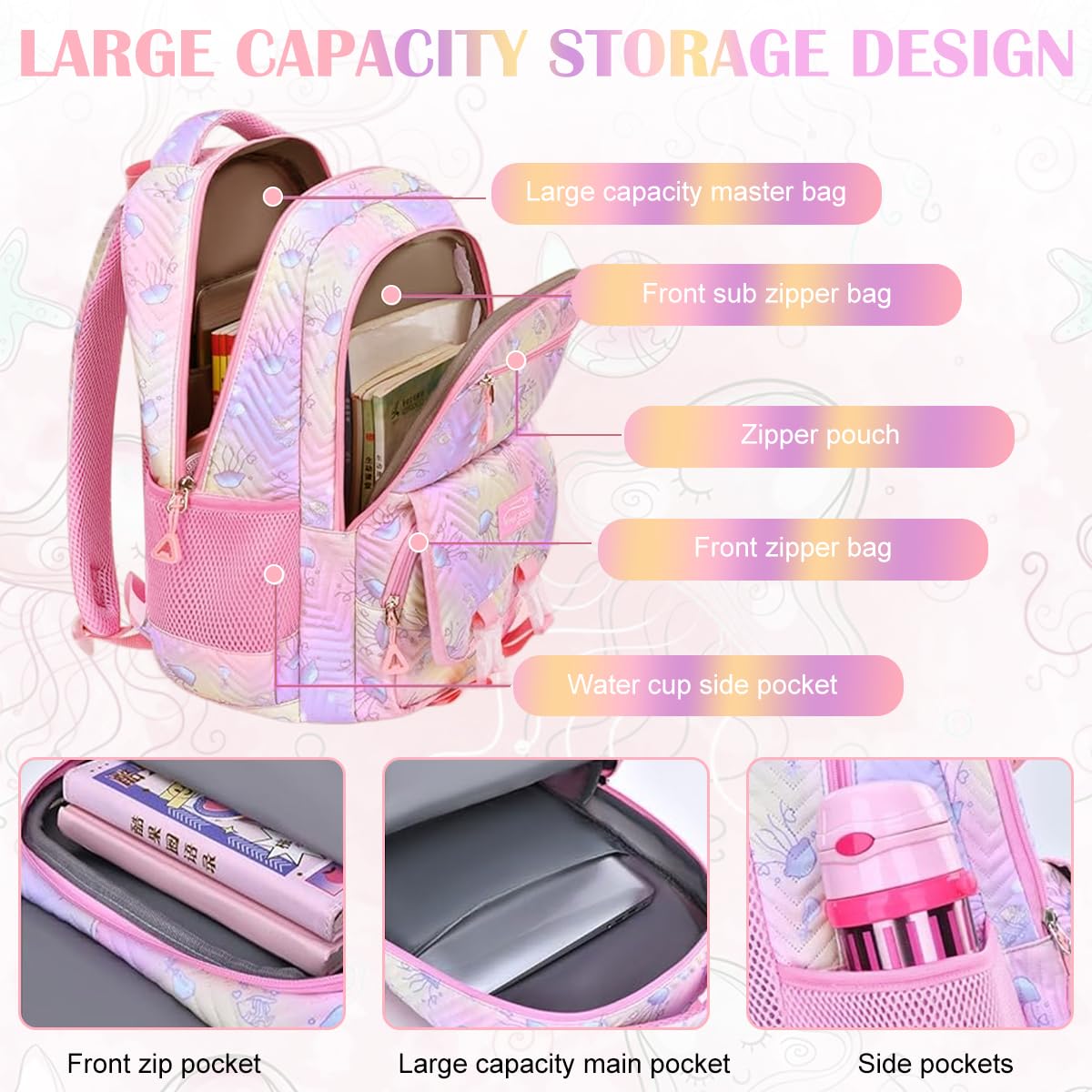 PALAY School Bag for Girls with Multi Compartments featuring Jellyfish Cartoon Print and Oxford Cloth | Comfortable Backpack for Kids 8–10 Years