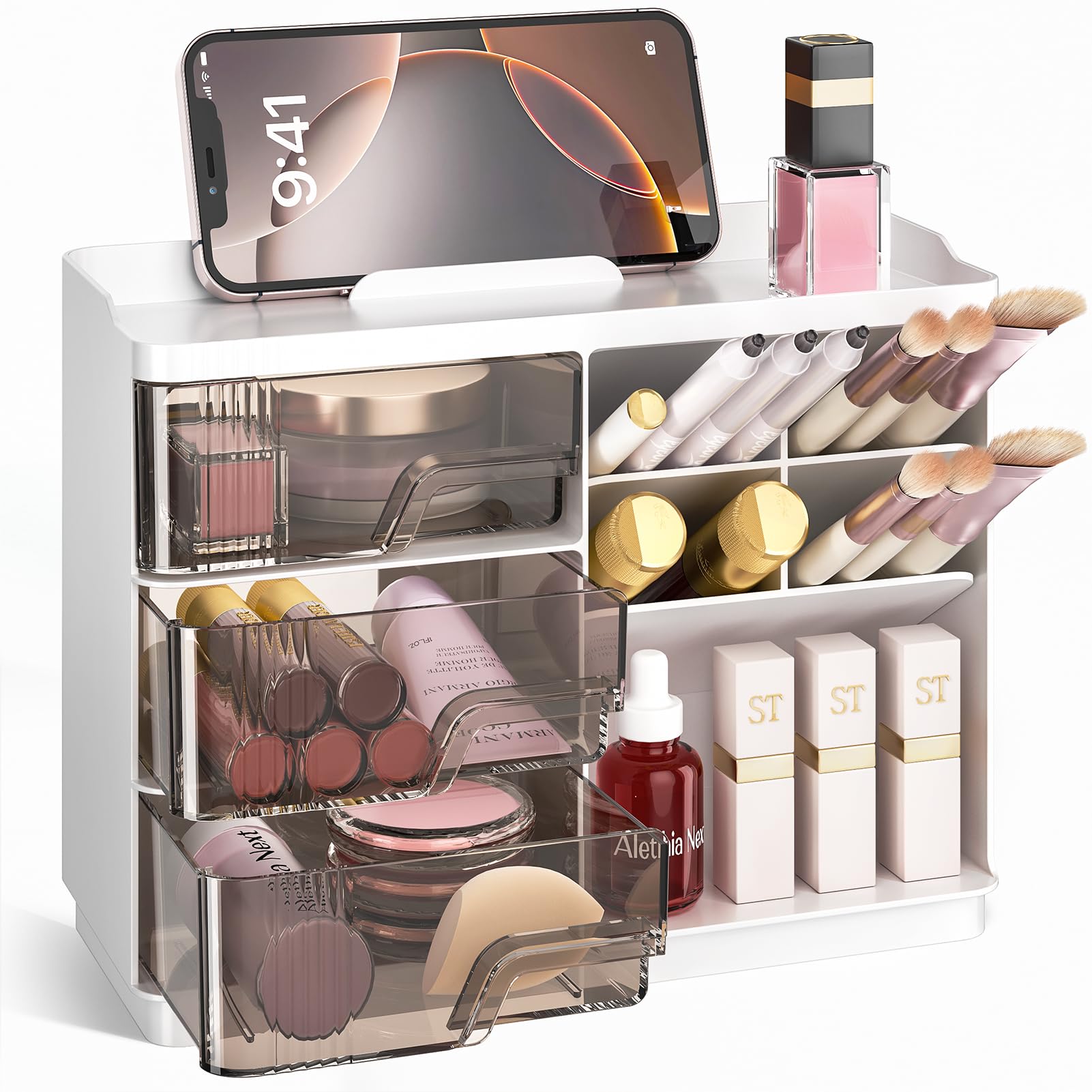 MAYCREATE® Desk Organzier Multi-Compartment Storage Organizer with Drawers & Top Platform, Makeup, Stationery, Craft Supplies & Cosmetic Storage Box for Dresser, Office Table, 23.2x11x19.4cm