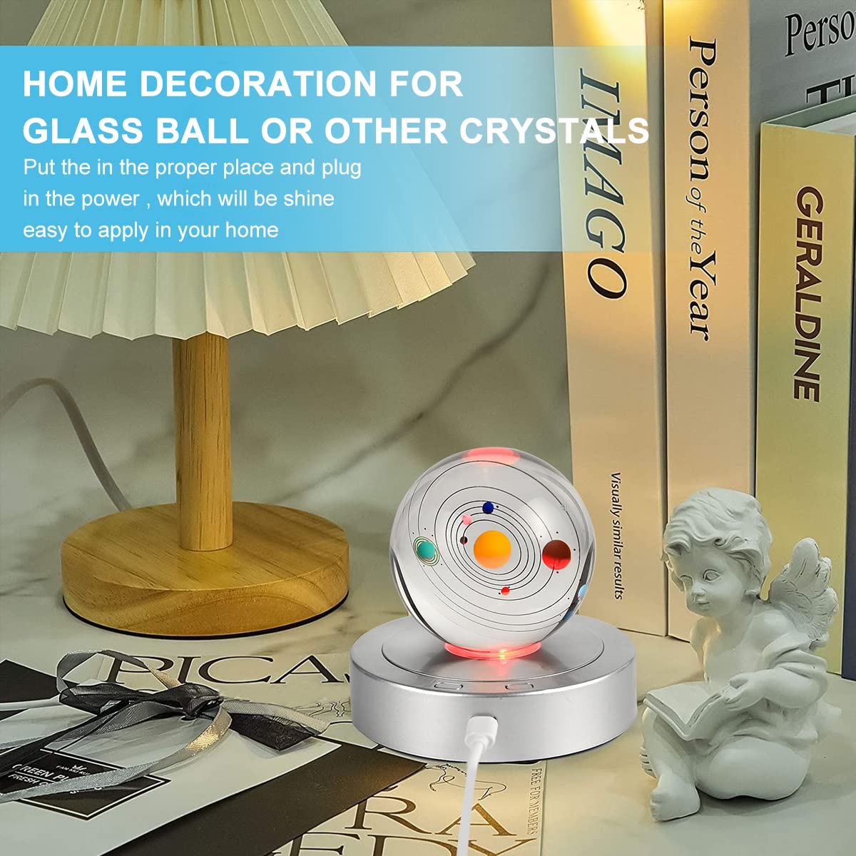 HASTHIP Rotating Display Stand for Crystal Crafts with 360° Bi-Directional Turntable | 11.5cm LED Light Base USB and Battery Powered