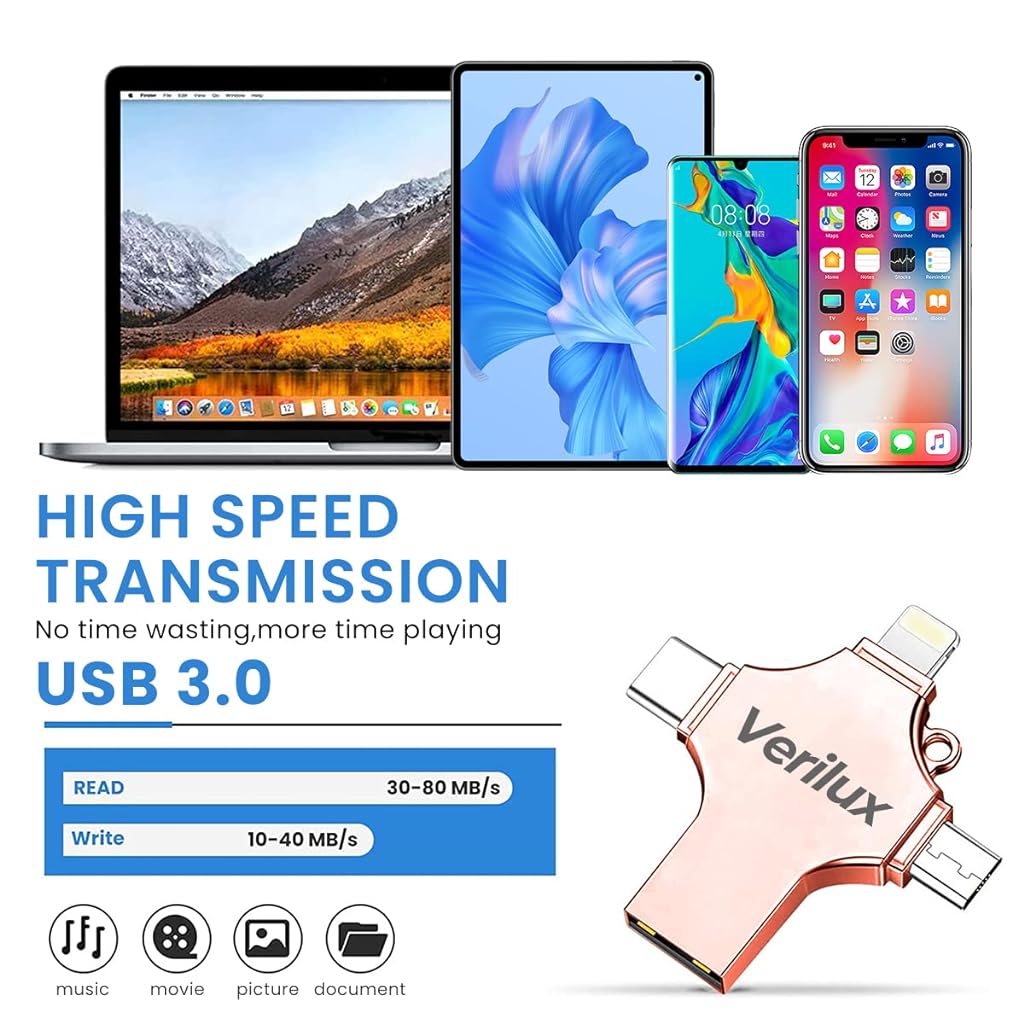 Verilux® 4 in 1 Flash Drive 64GB USB Flash Drive with Lightning, Micro, USB, Type-C Interface, Mini Hangable Flash Drive Compatible with Phone, Pad, Android, PC and More Devices (Rose Golden)