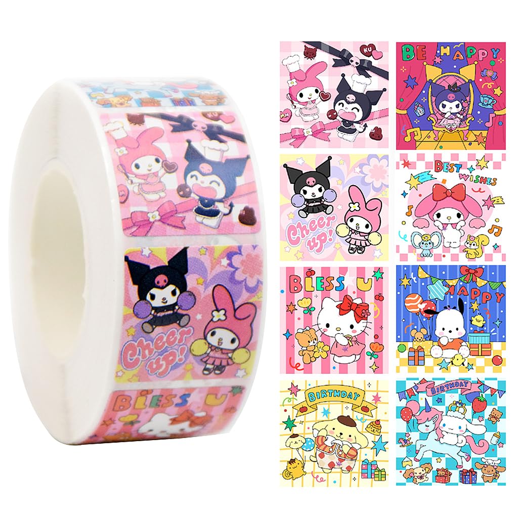 HASTHIP® 500Pcs Sanrio Stickers - 8 Designs Kuromi & Sanrio Stickers, Cute Stickers Decals Assorted Kawaii Sticker Gifts for Kids Teens Girls Adults, Ideal DIY Decor & Gift for Sanrio Fans