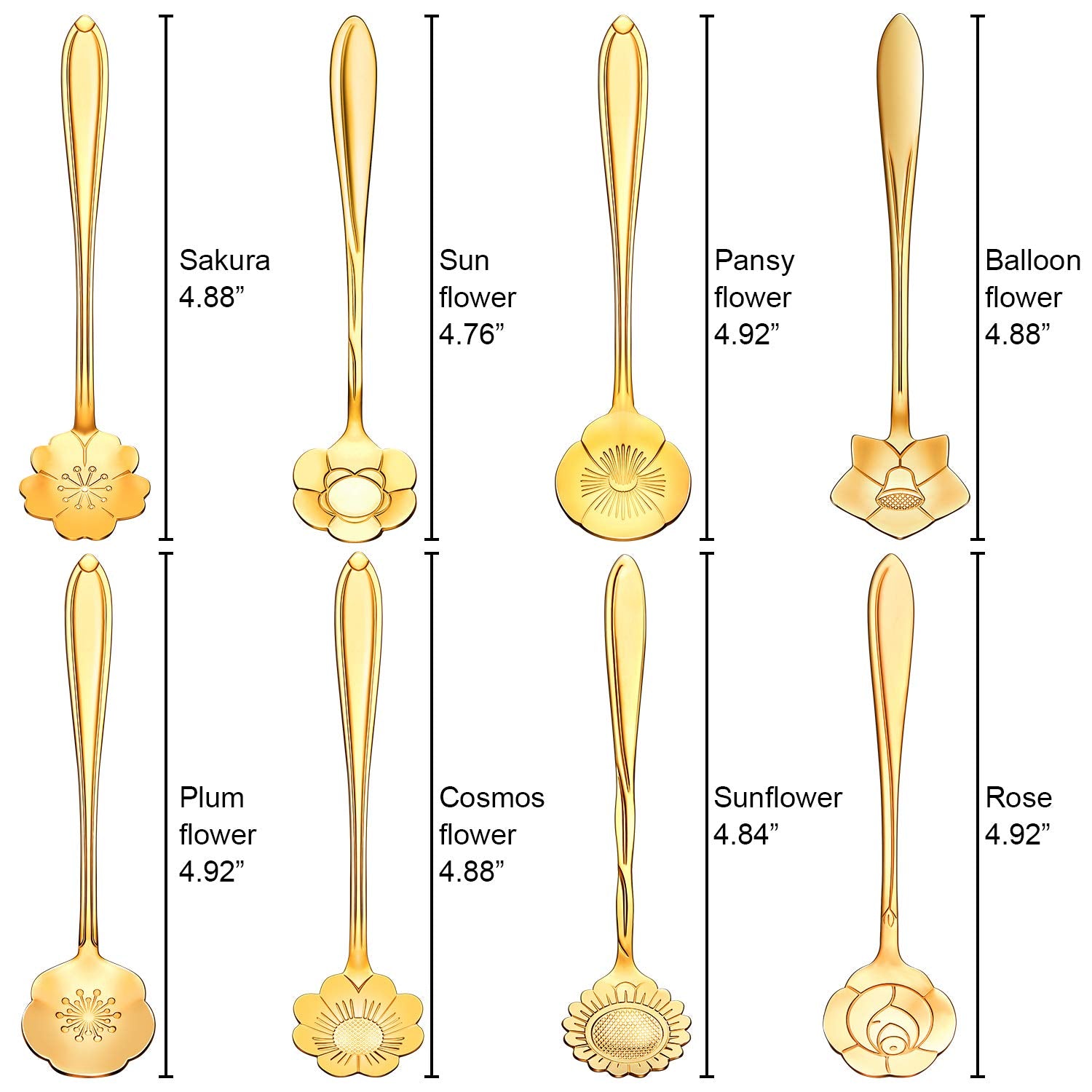 HASTHIP 8 Pieces Flower Spoon Coffee Teaspoon Set, 410 Stainless Steel Tableware, Reusable Sugar Spoon Tea Spoon Stir Bar Spoon Stirring Spoon, 8 Different Patterns (Golden)