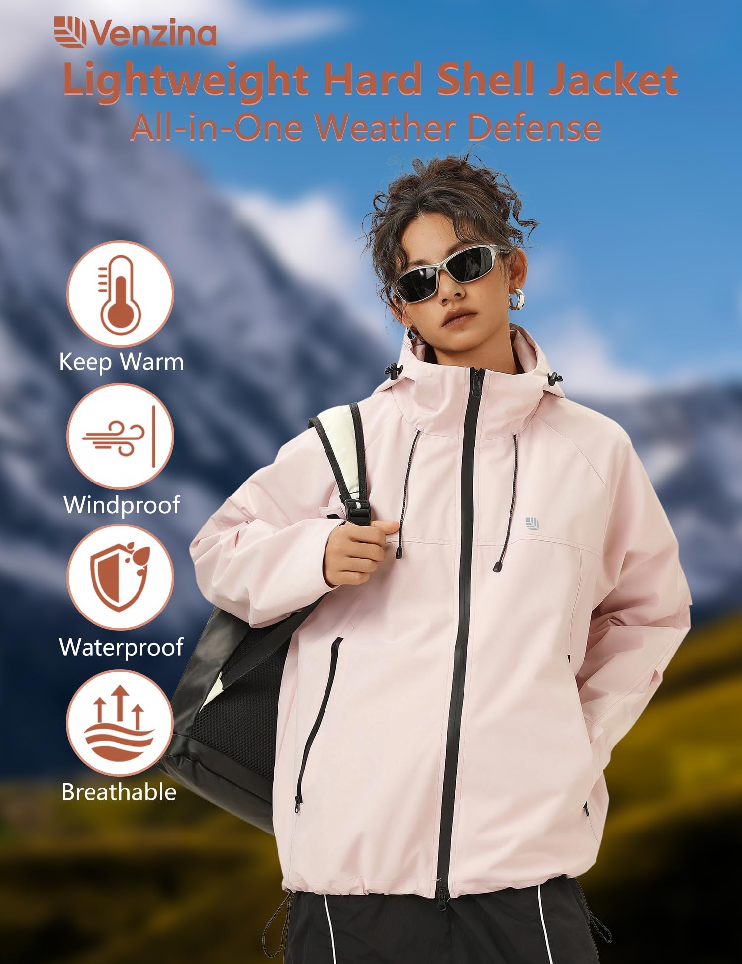 Venzina Women's Waterproof Jacket for Travel and Commuting featuring 75D Fabric | Windproof Hooded Coat in Pink
