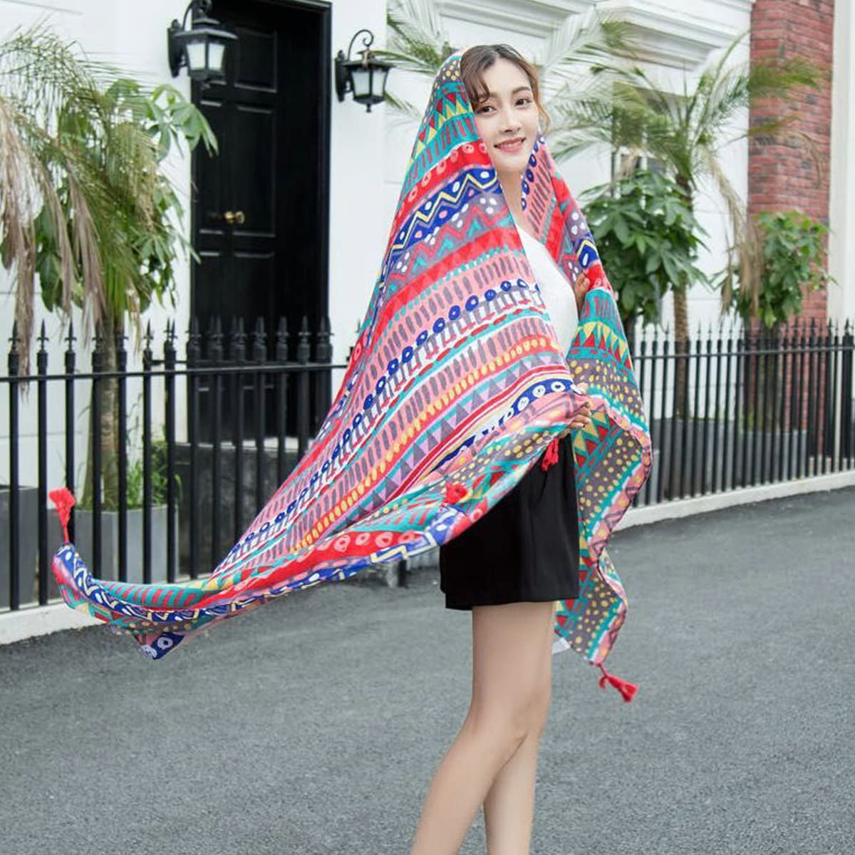 Venzina Long Shawl for Women with Geometric Print and Tassels 180 x 90cm Satin Scarf Wrap