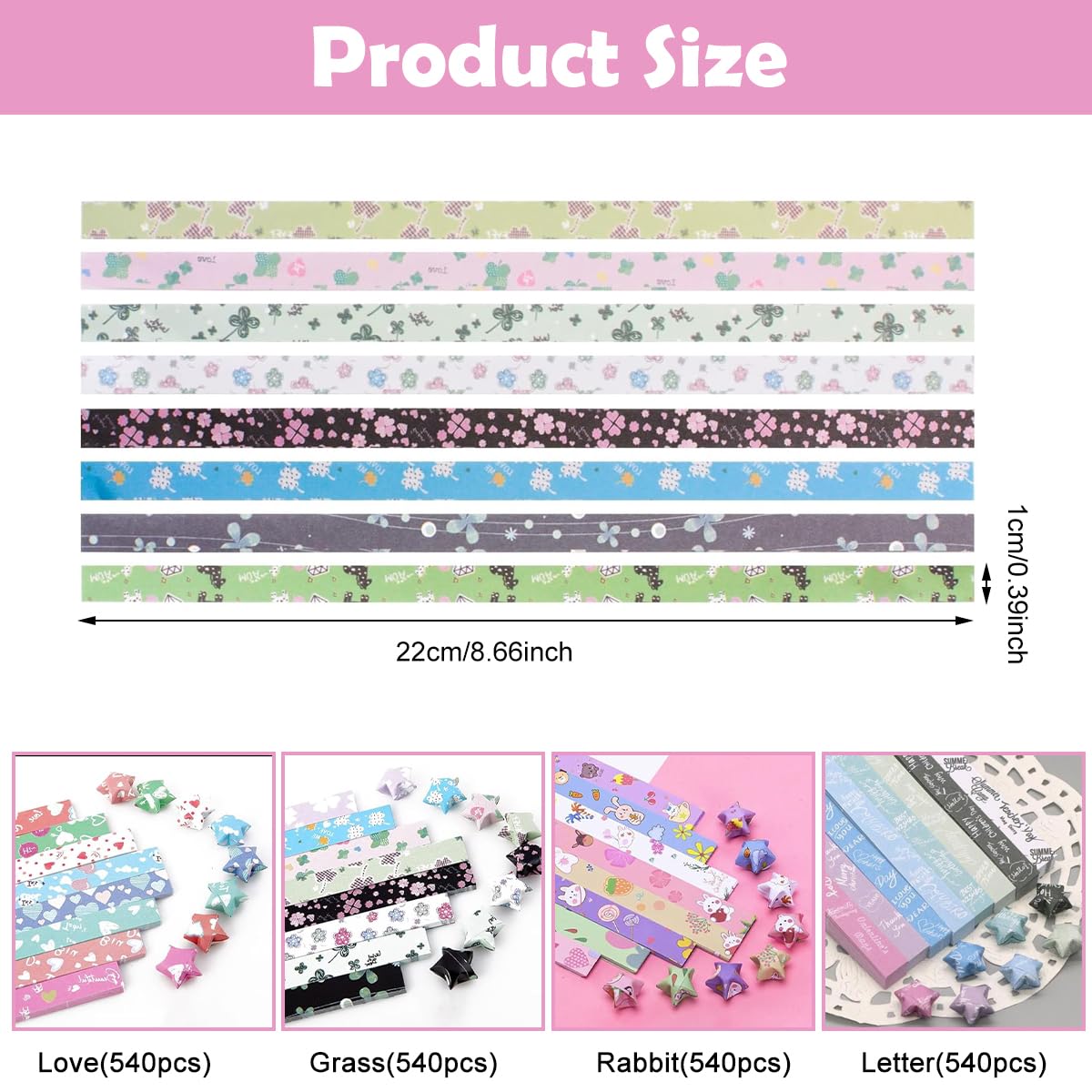 HASTHIP Origami Art Papers for Lucky Star Making with 2160 pcs 4 Kawaii Designs | 8.66 in Sheets