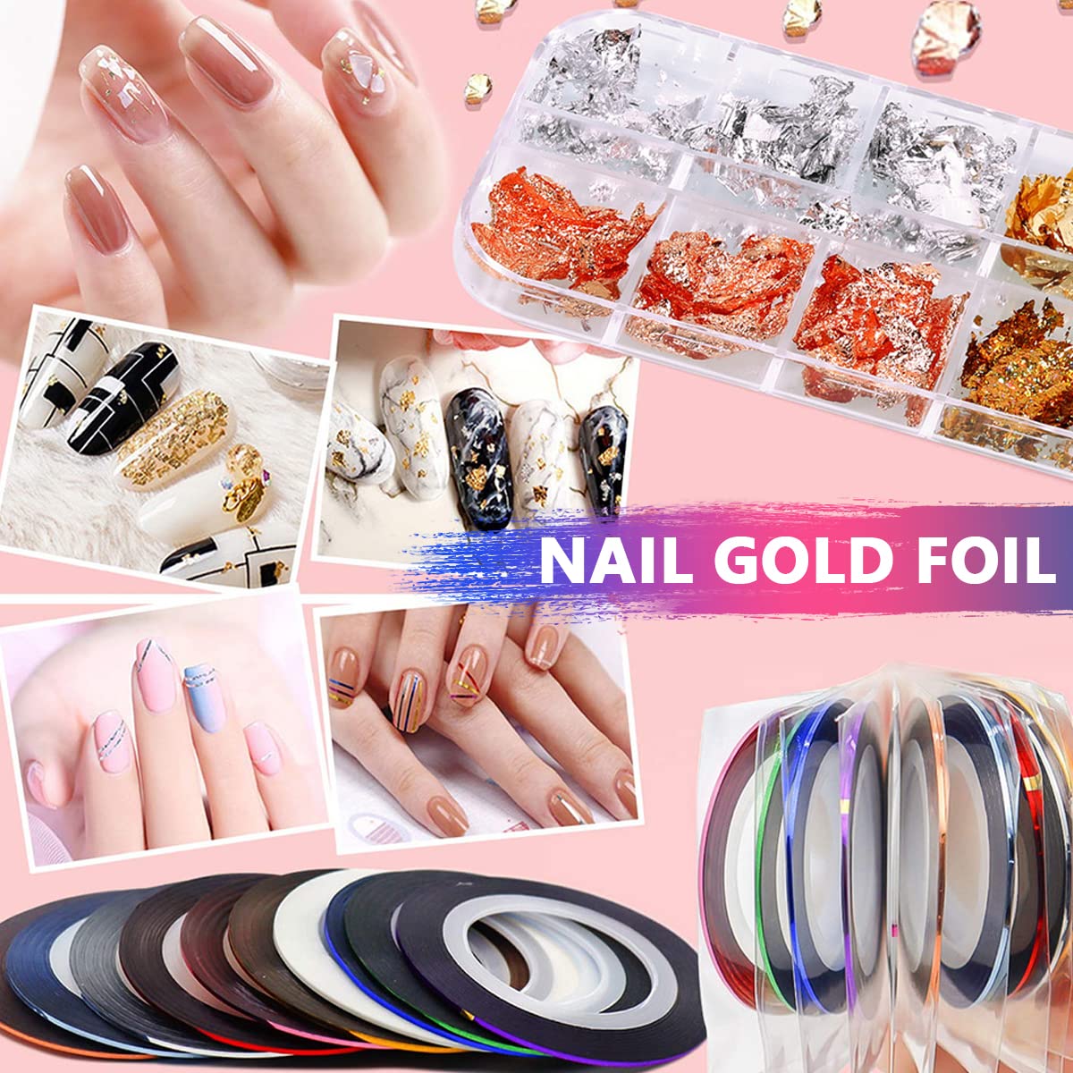 MAYCREATE® Nail Art Kit For Girls 3D Nail Art Decorations Kit with Nail Art Brushes Dotting Tools Nail Art Stickers Nail Glitter Foil Flakes Nail Tape Strips and Nails Art Rhinestones