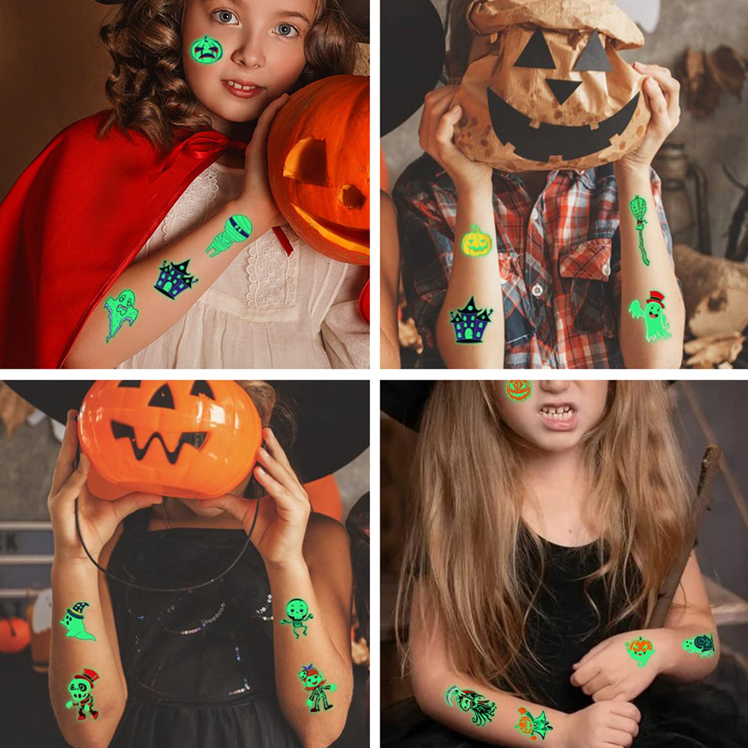 HASTHIP Temporary Tattoo Stickers for Halloween Party with Night Glow Effect | 10 Sheets