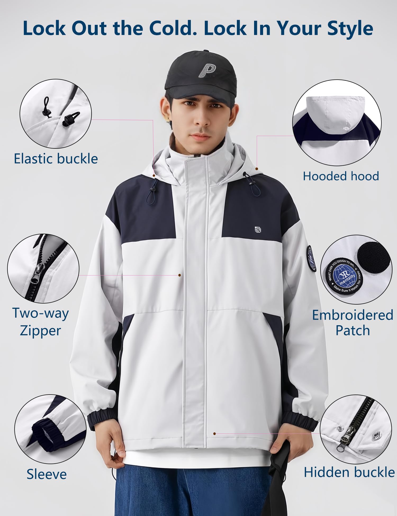 Venzina Men's Modular Tech Wear Jacket for Urban and Outdoor Style with Waterproof Windproof Shell and Interchangeable Patches in Light Gray