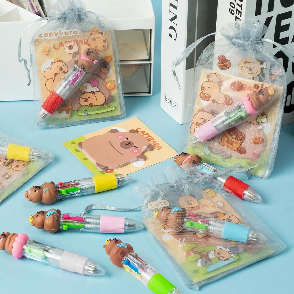 Climberty Cartoon Student Stationery Gift Kit with Pens Sticky Notes & Stickers for School | Cute Capybara Set in Sheer Drawstring Bag