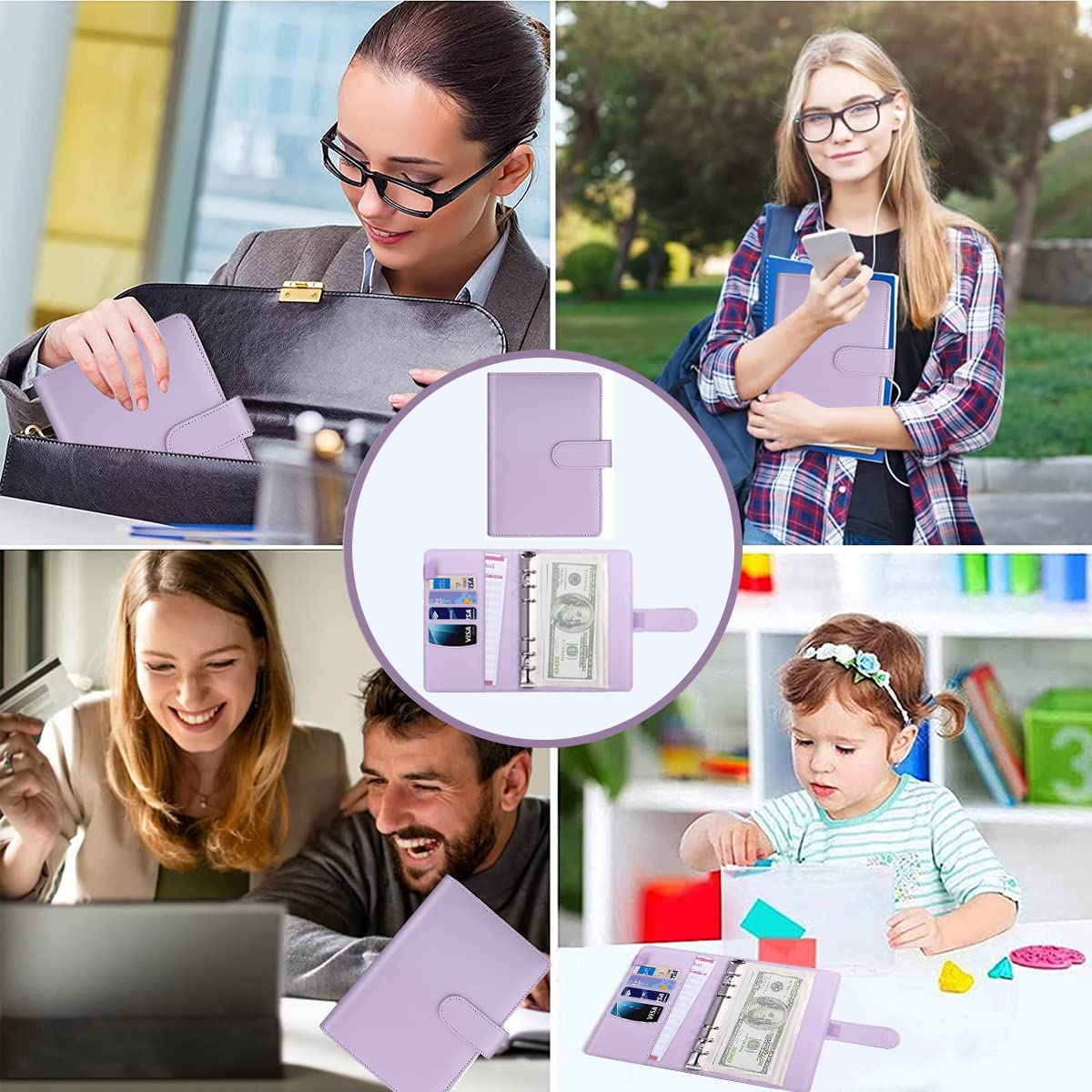 HASTHIP File Folder Ring Binder Notebook for Budget Organization with 6 Rings and 8 Envelopes | A6 PU Leather Purple Set