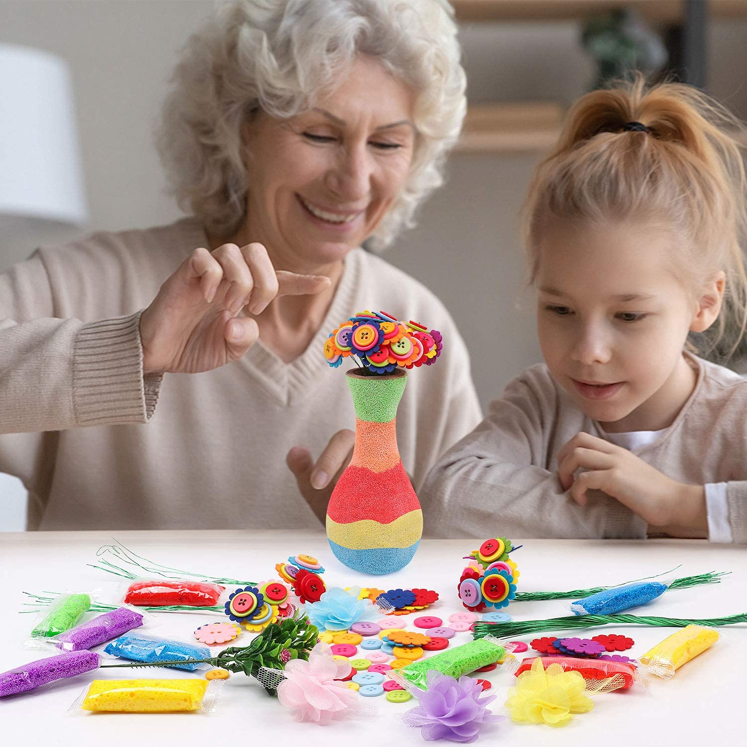 HANNEA® Making Crafts Vase Set,Fun and Colorful Beads Buttons Kits for Children Over Six Years Old -Colorful Flower Birthday Gift