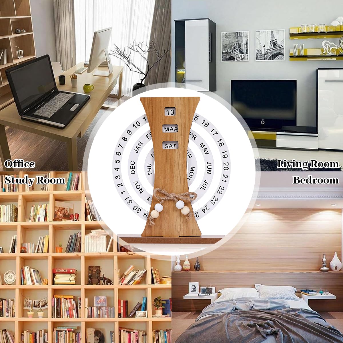OFIFO Wooden Perpetual Calendar for Desk with Rotating Ferris Wheel Design | Rustic Home Decor
