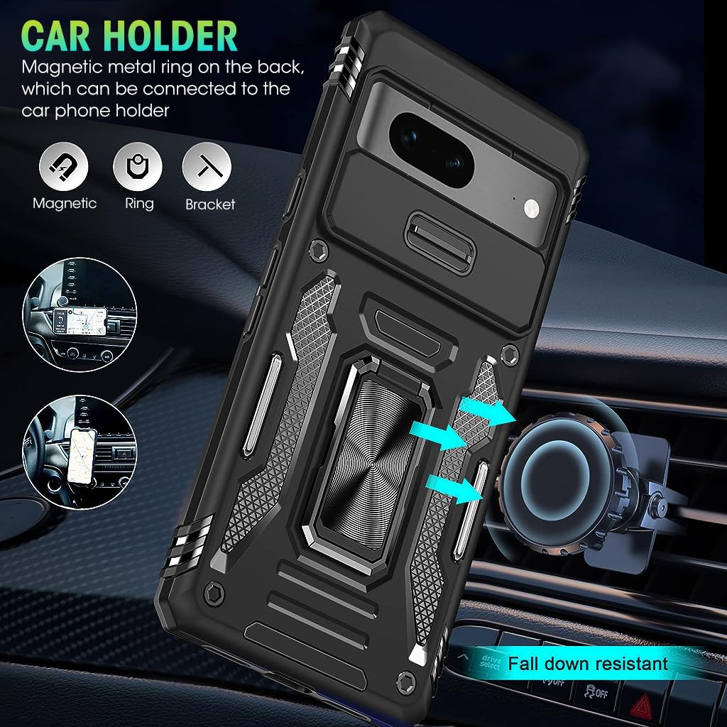 ZORBES Phone Case for Google Pixel 7 with 360° Ring Stand and Sliding Camera Cover Black