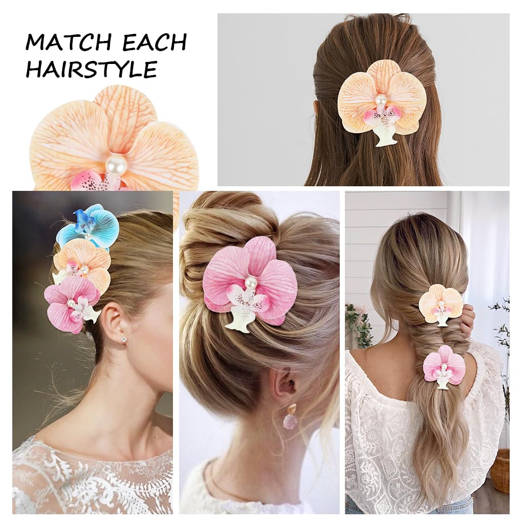SANNIDHI Flower Hair Clips for Women featuring 3pcs Orchid Design and Pearl Details | Comfortable Fabric Butterfly Barrette