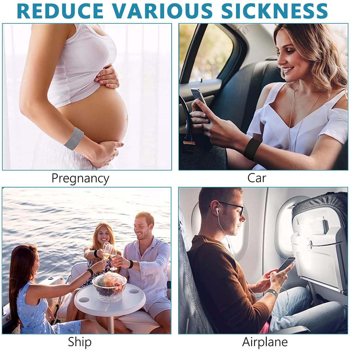 HANNEA Motion Sickness Bands for Travel Relief with Acupressure Neiguan Point | 2 Pairs Grey and Black