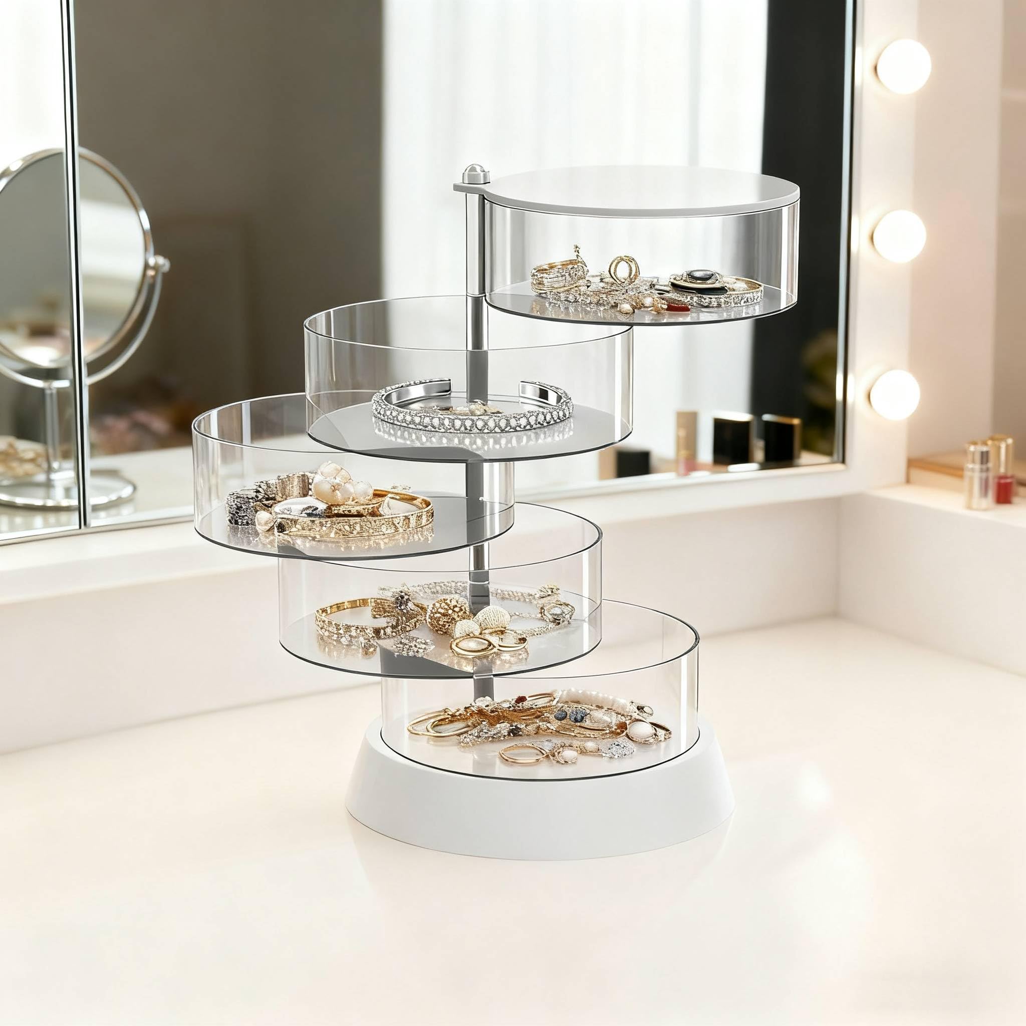 HASTHIP Makeup Organizer for Jewelry and Accessories with 5 Clear Tiers | 360° Rotating Design
