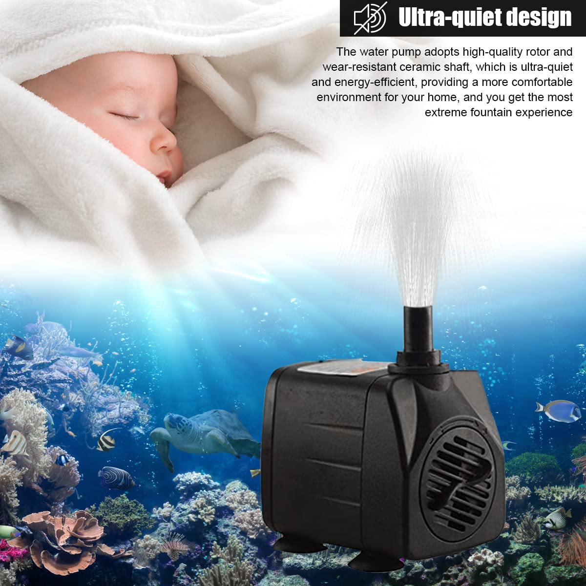 HASTHIP Aquarium Pump for Fountains and Fish Ponds with 750L/H Flow and 12 LED Lights | Ultra‑Quiet Submersible Motor 15W Black