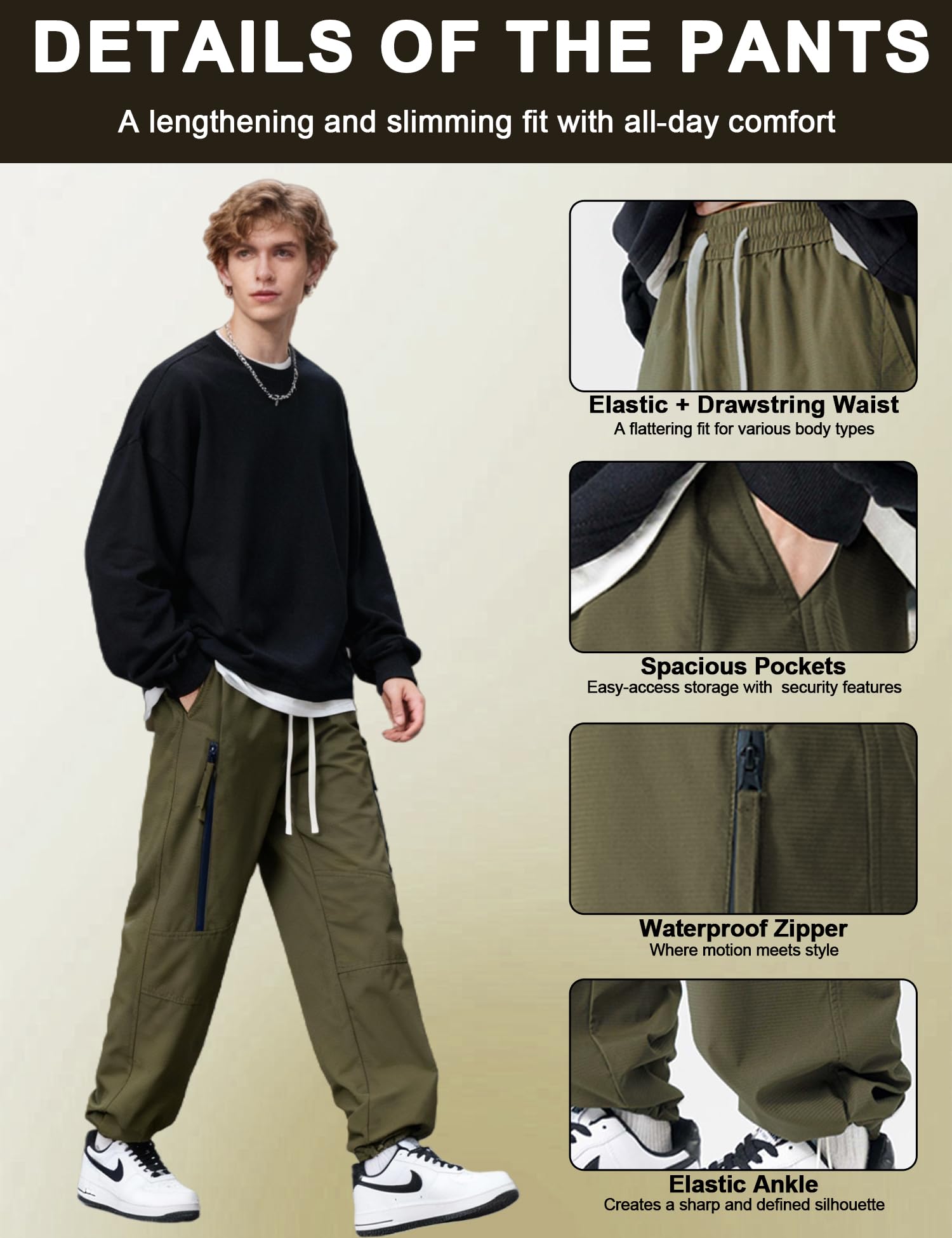 Venzina Men's Techwear Pants for Commuting and Travel featuring 2-Way Ankle Design | Waterproof Quick-Dry Army Green Joggers