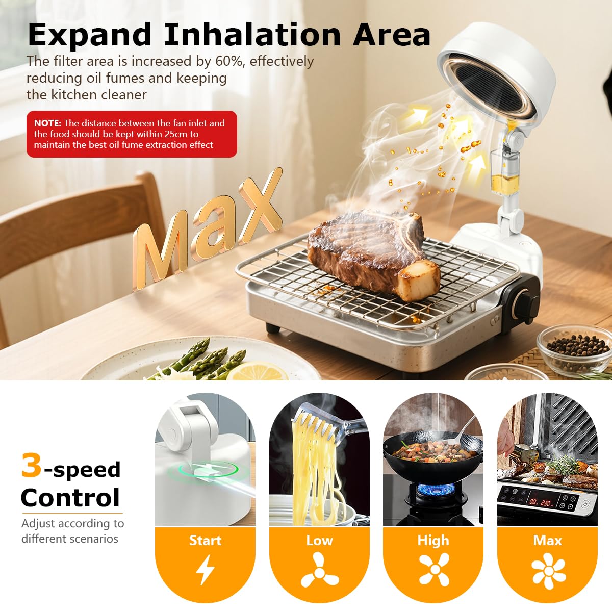 Supvox Desk Range Hood for Indoor Cooking with 3 Speeds and 4000mAh Rechargeable Battery