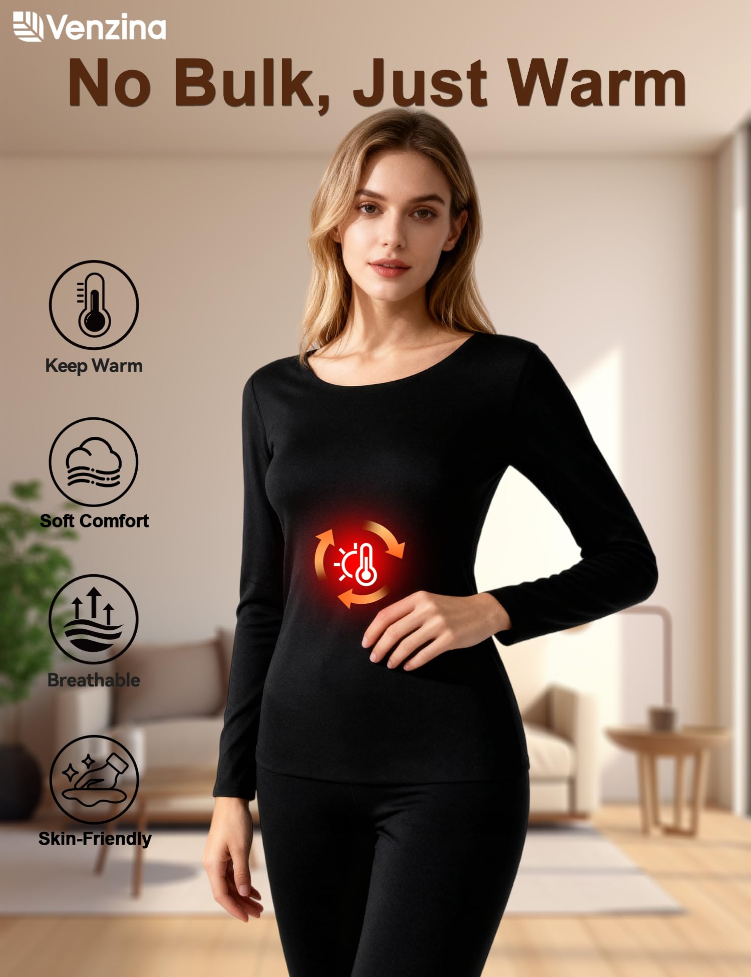 Venzina Women's Thermal Underwear Set for Cold Weather with Double-Sided Fleece | Seamless Ultra Soft Base Layer