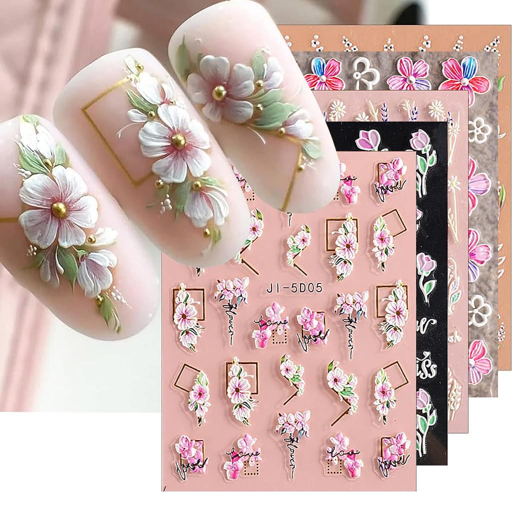 MAYCREATE® 5 Sheets Nail Art Decor Stickers 3D Embossed Flower Charms for Nail Art 5 Styles Flower Nail Charm Sticker for DIY Nail Extension Self-Adhesive Nail Art Decals