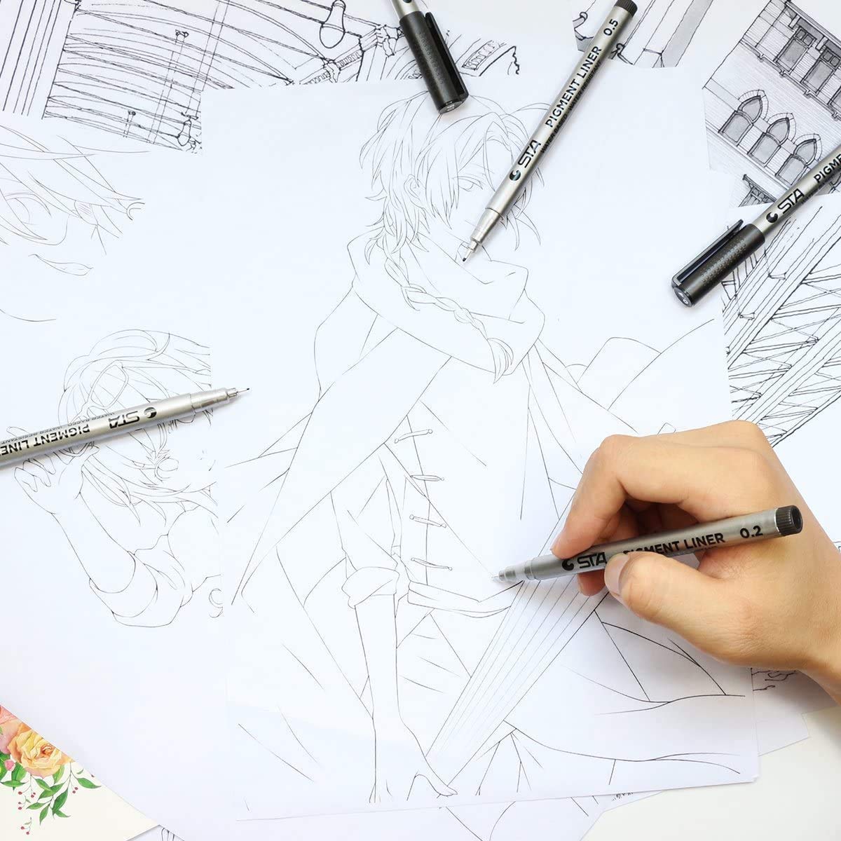 ELEPHANTBOAT Micro Pen Waterproof Fineliner Set for Mandala and Manga Art | 9 Black Pens